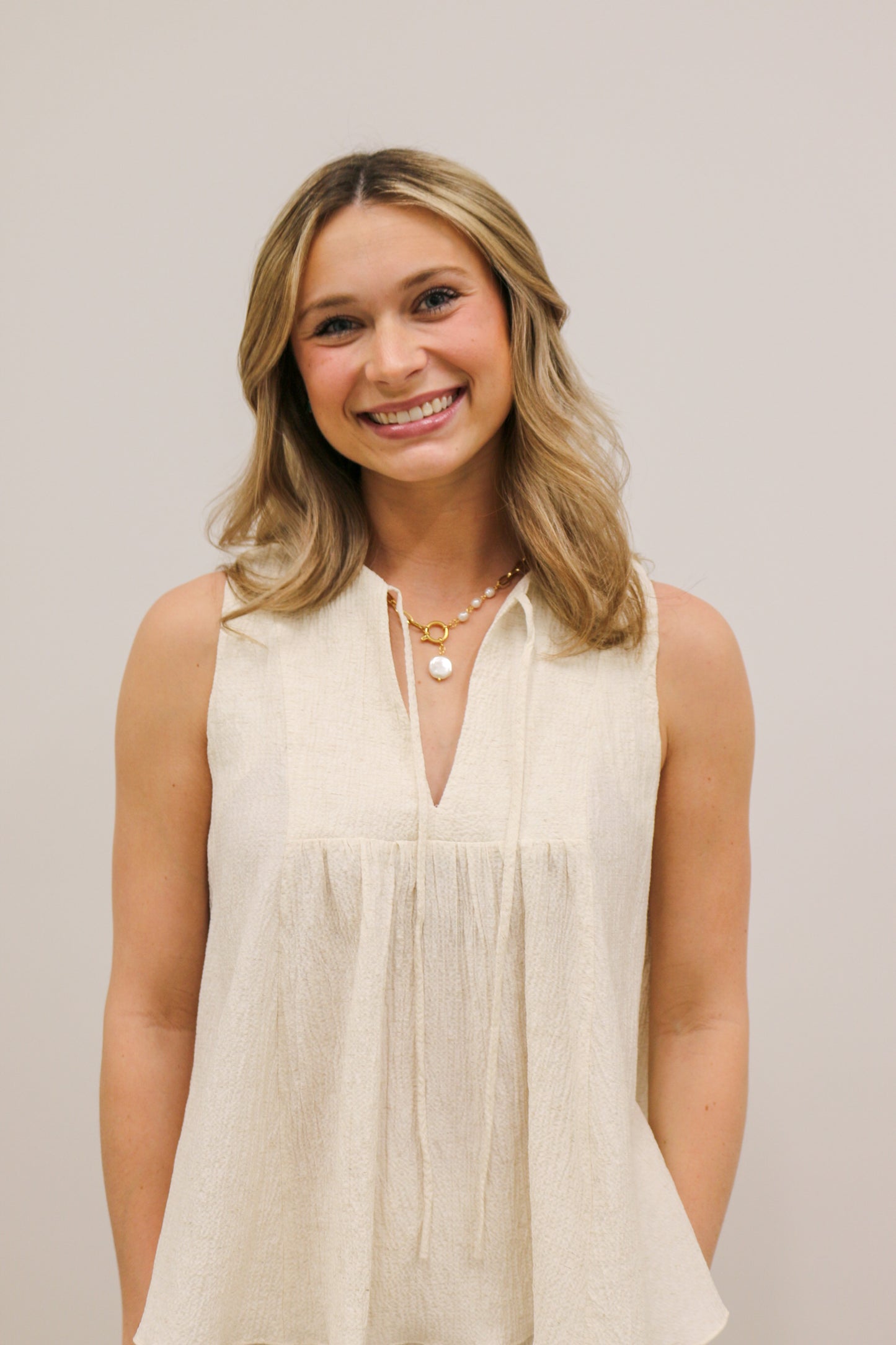 Breeze Sleeveless Relaxed Textured Fabric Tie Detail Top - Linen
