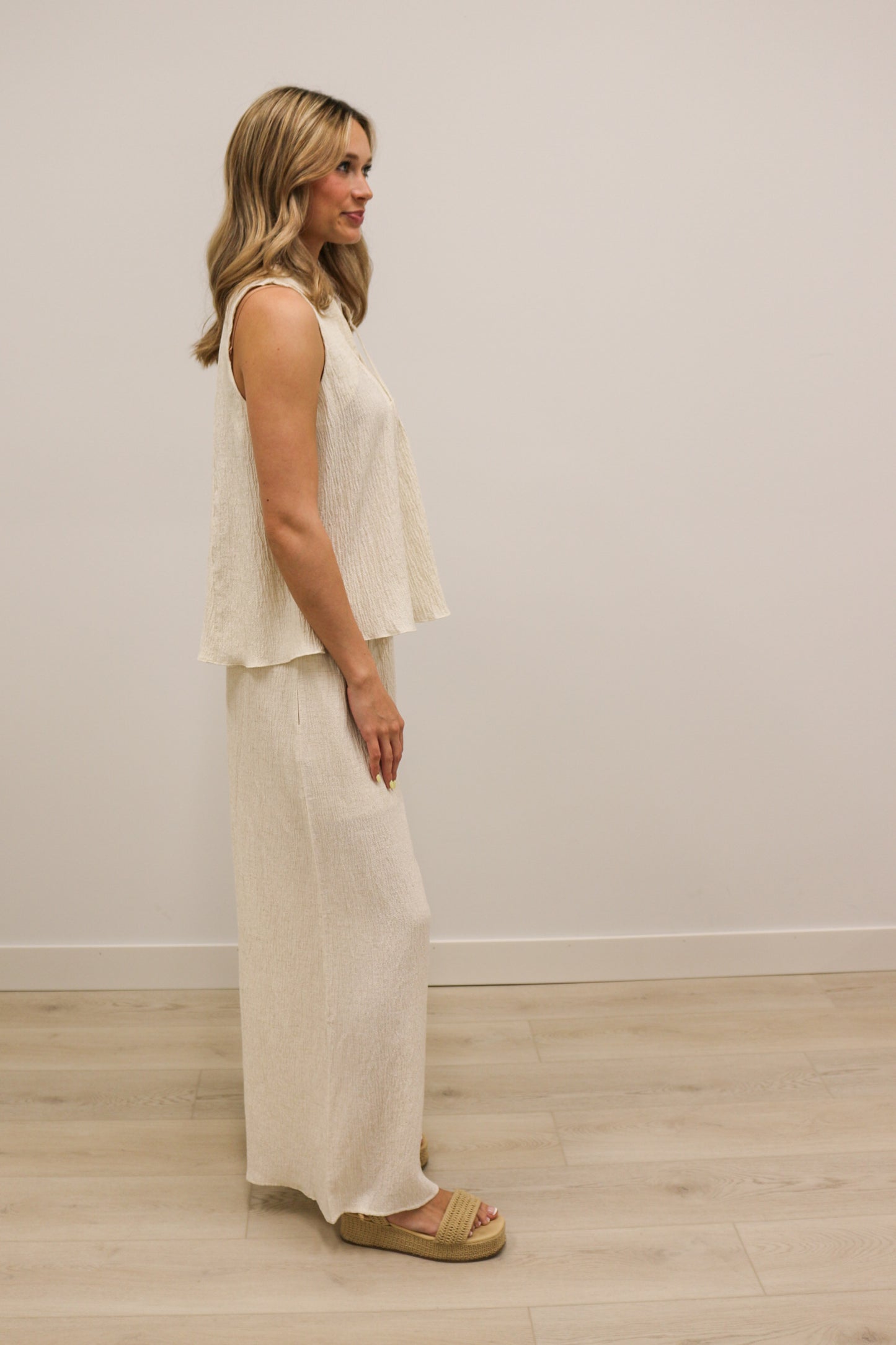 Breeze Relaxed Textured Fabric Wide Leg High Waisted Pant - Linen
