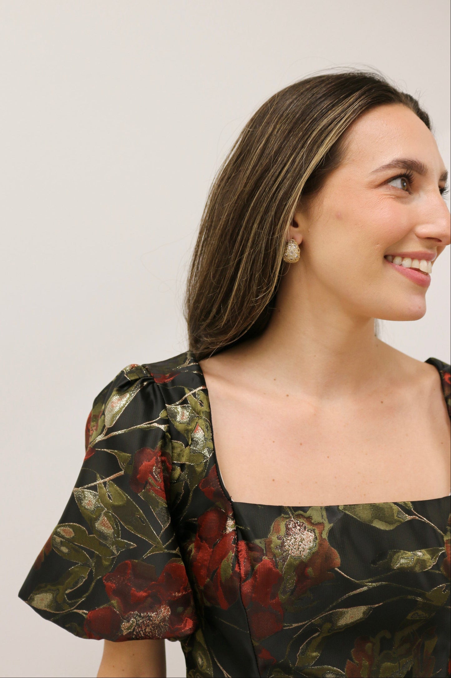 Dita Jacquard Print Square Neckline Short Puff Sleeve Mini Dress - Black Multi