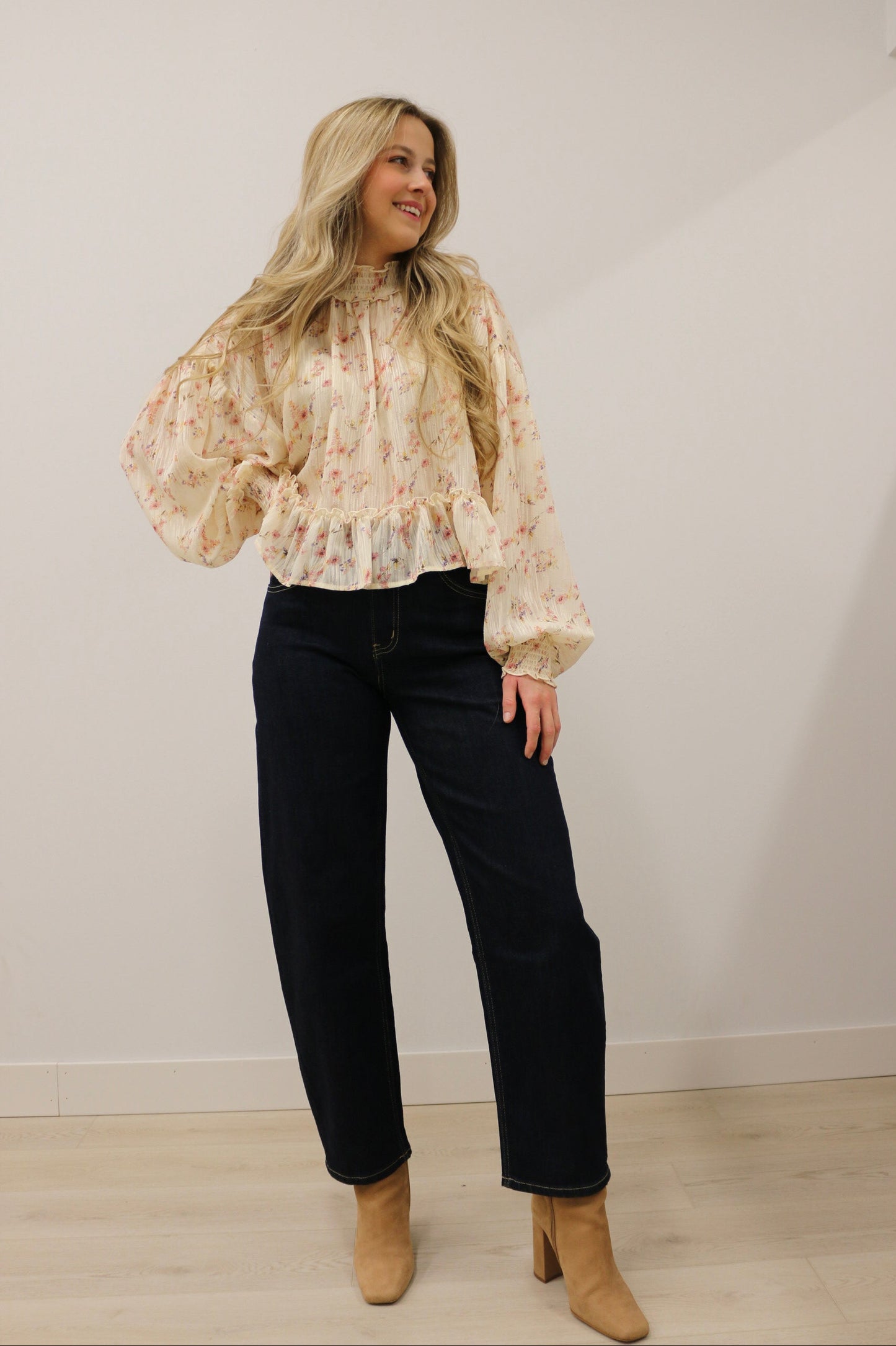 Floral Fairytale Mock Neck Shear Woven Top - Cream Multi