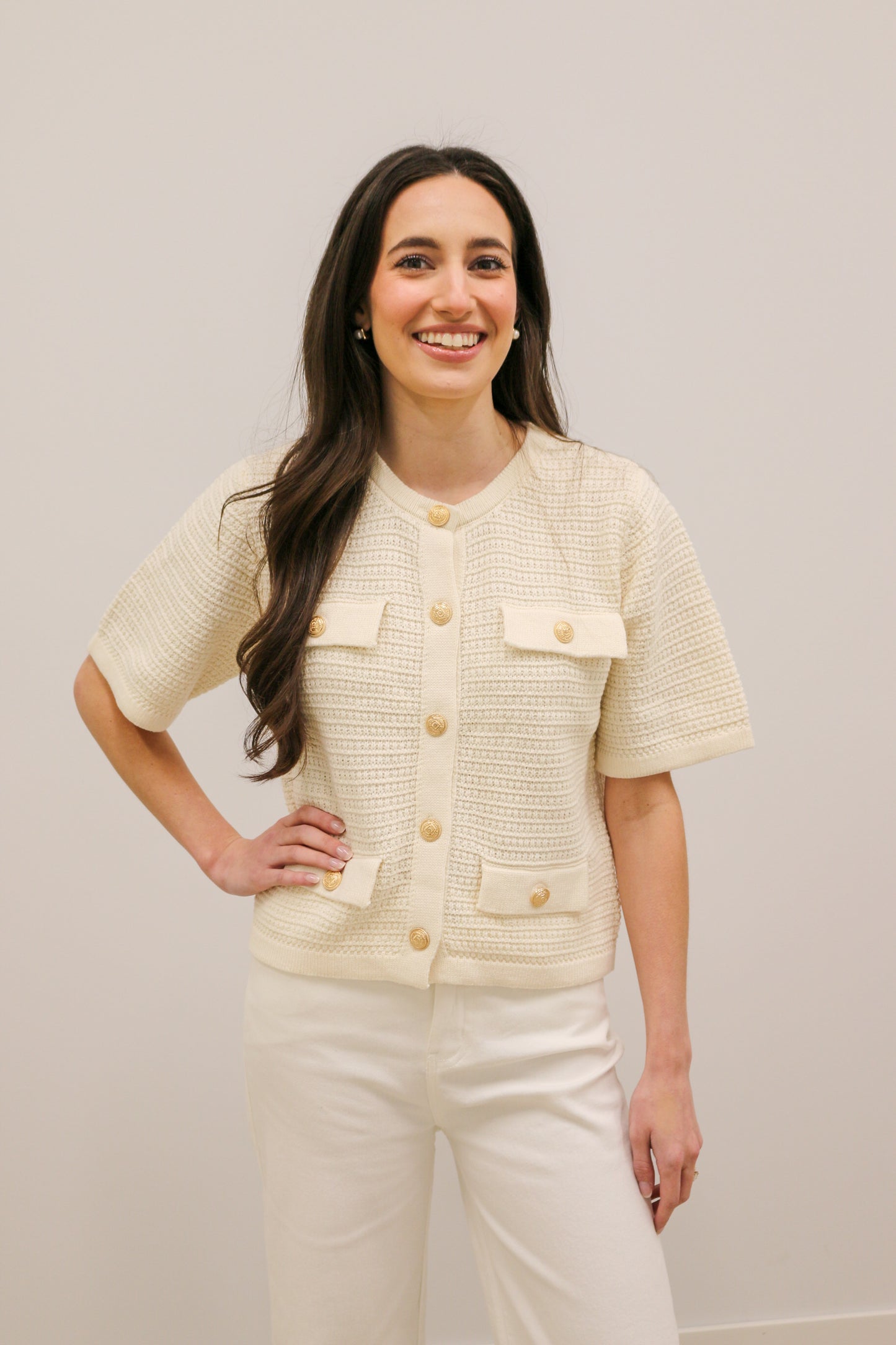 Jackie O Short Sleeve Knit Gold Button Front Cardigan - Cream