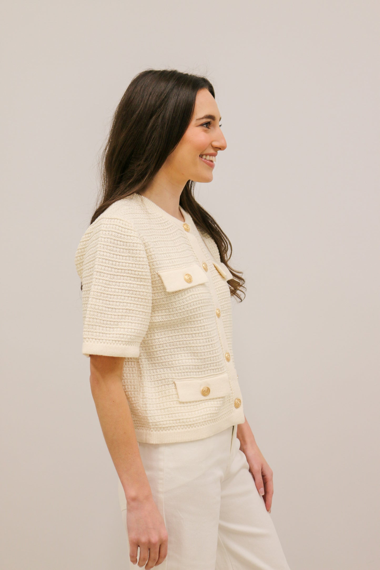 Jackie O Short Sleeve Knit Gold Button Front Cardigan - Cream