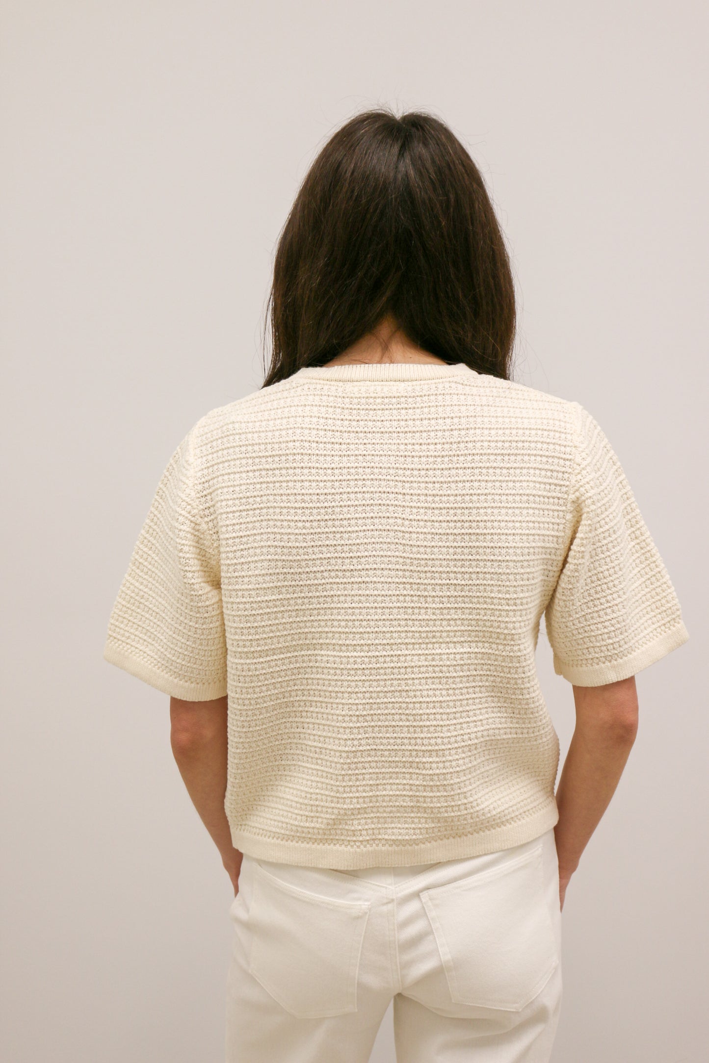 Jackie O Short Sleeve Knit Gold Button Front Cardigan - Cream