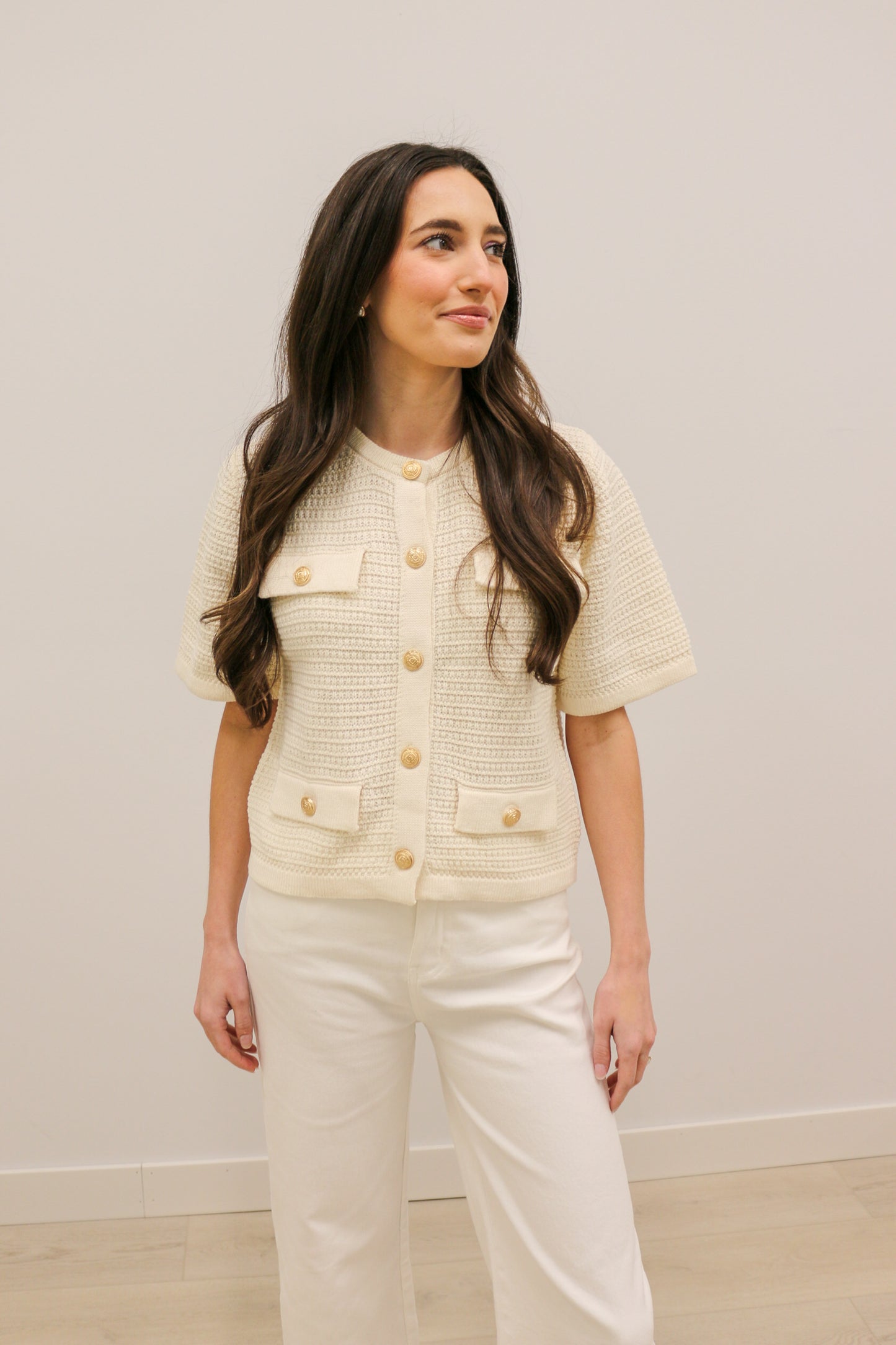 Jackie O Short Sleeve Knit Gold Button Front Cardigan - Cream