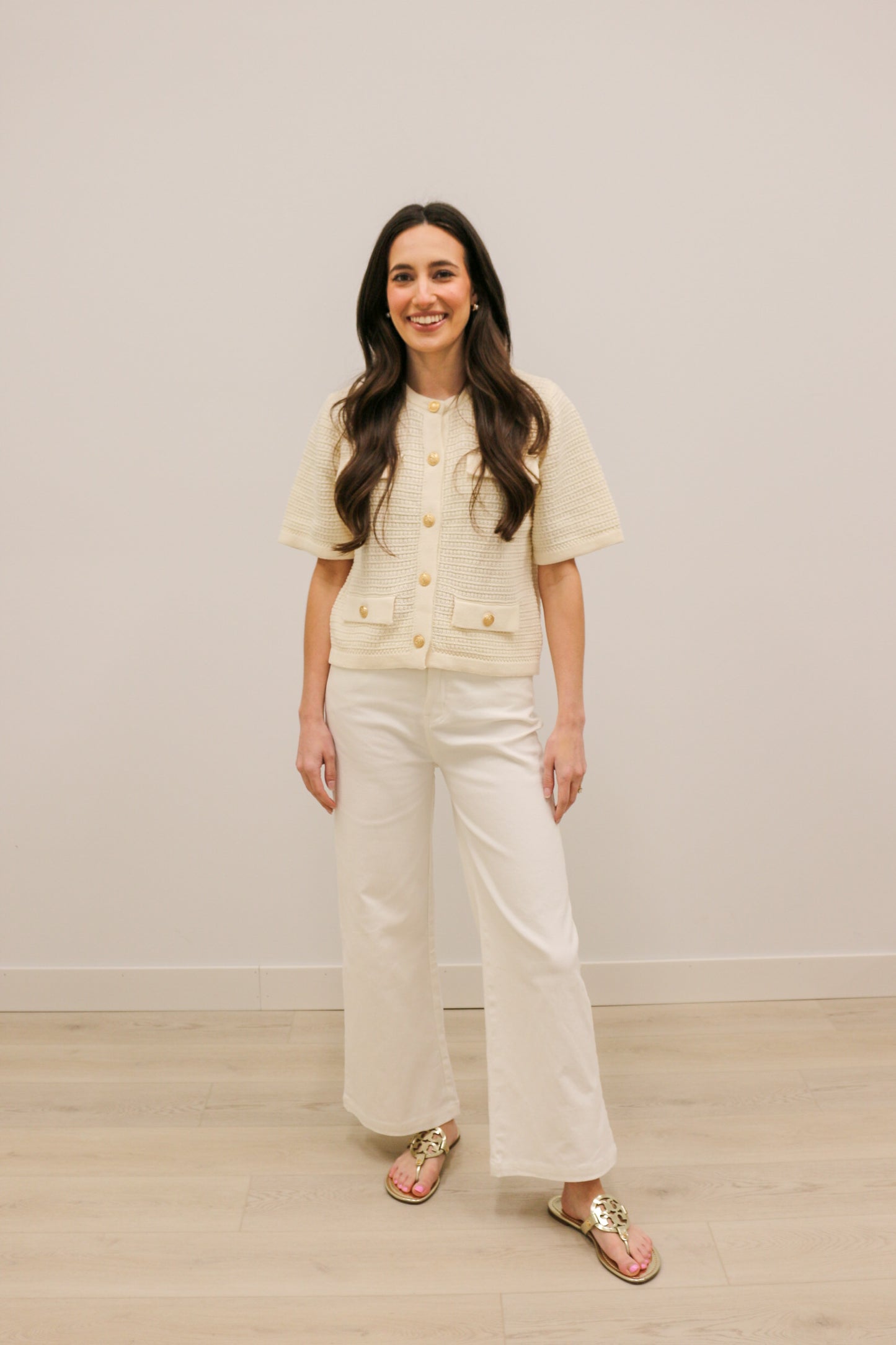 Jackie O Short Sleeve Knit Gold Button Front Cardigan - Cream