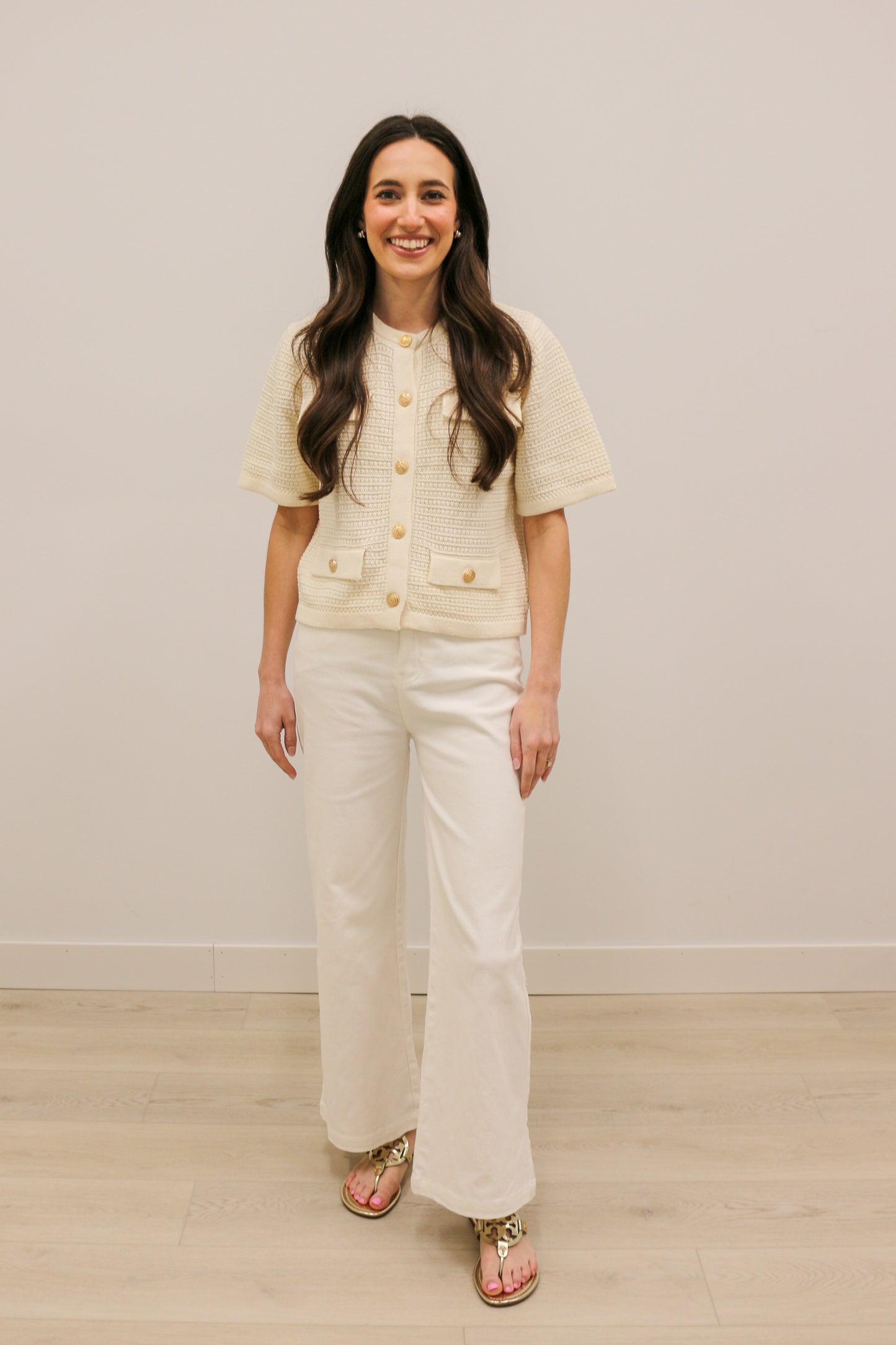 Jackie O Short Sleeve Knit Gold Button Front Cardigan - Cream
