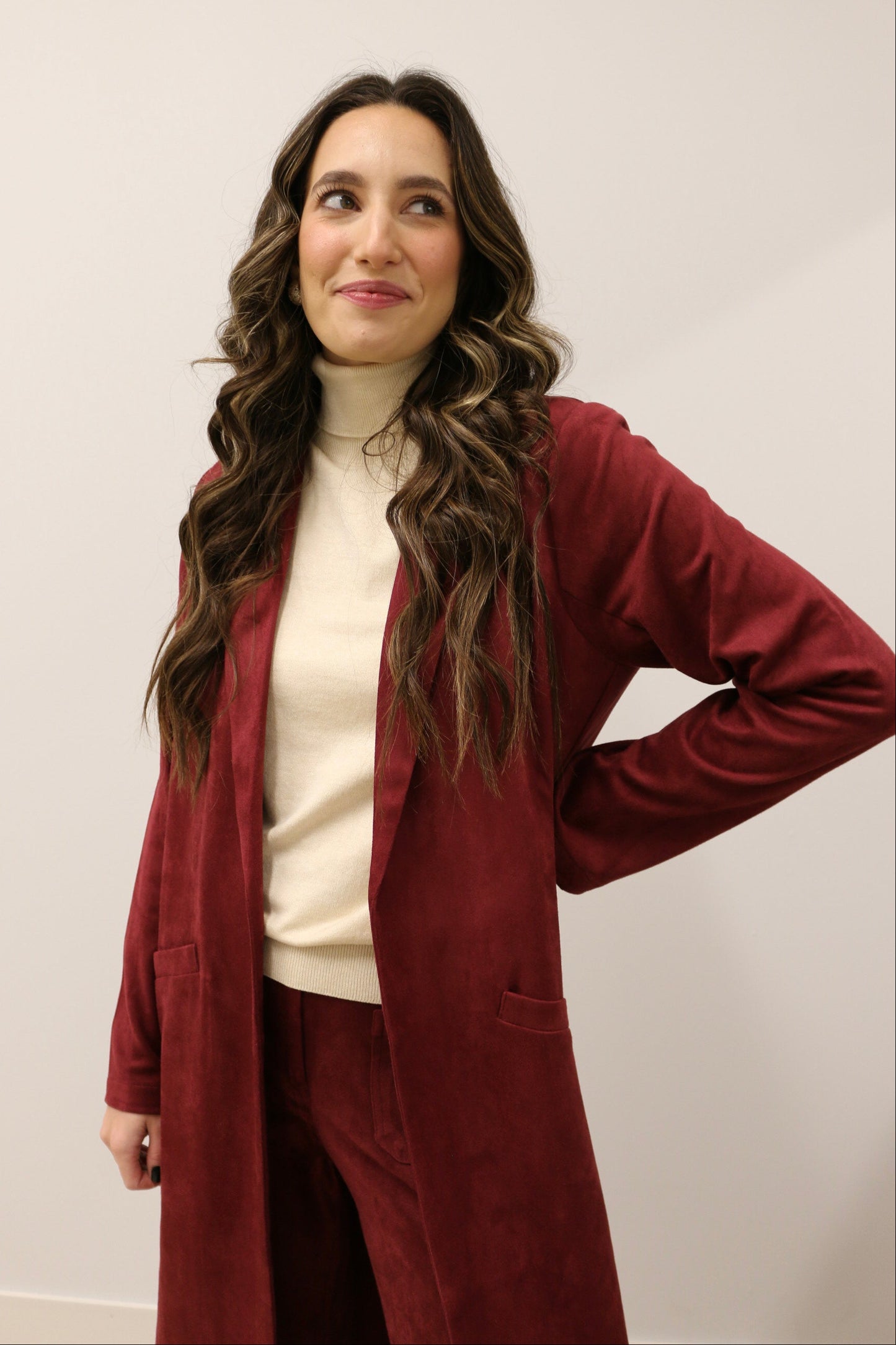 Lana Faux Suede Long Sleeve Duster Trench Overcoat - Burgundy