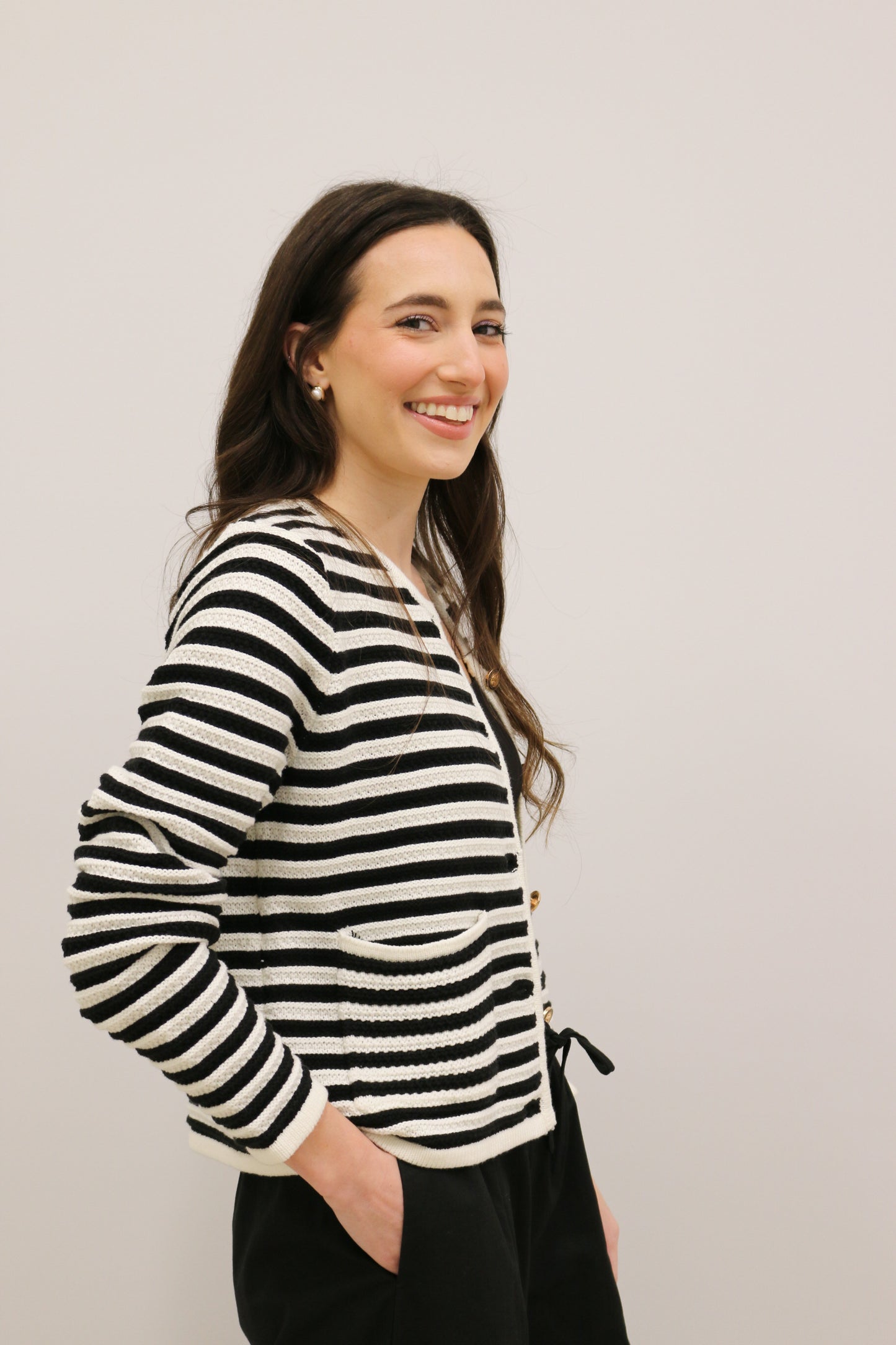 Classic Stripe Long Sleeve Button Front Cardigan - Black Multi