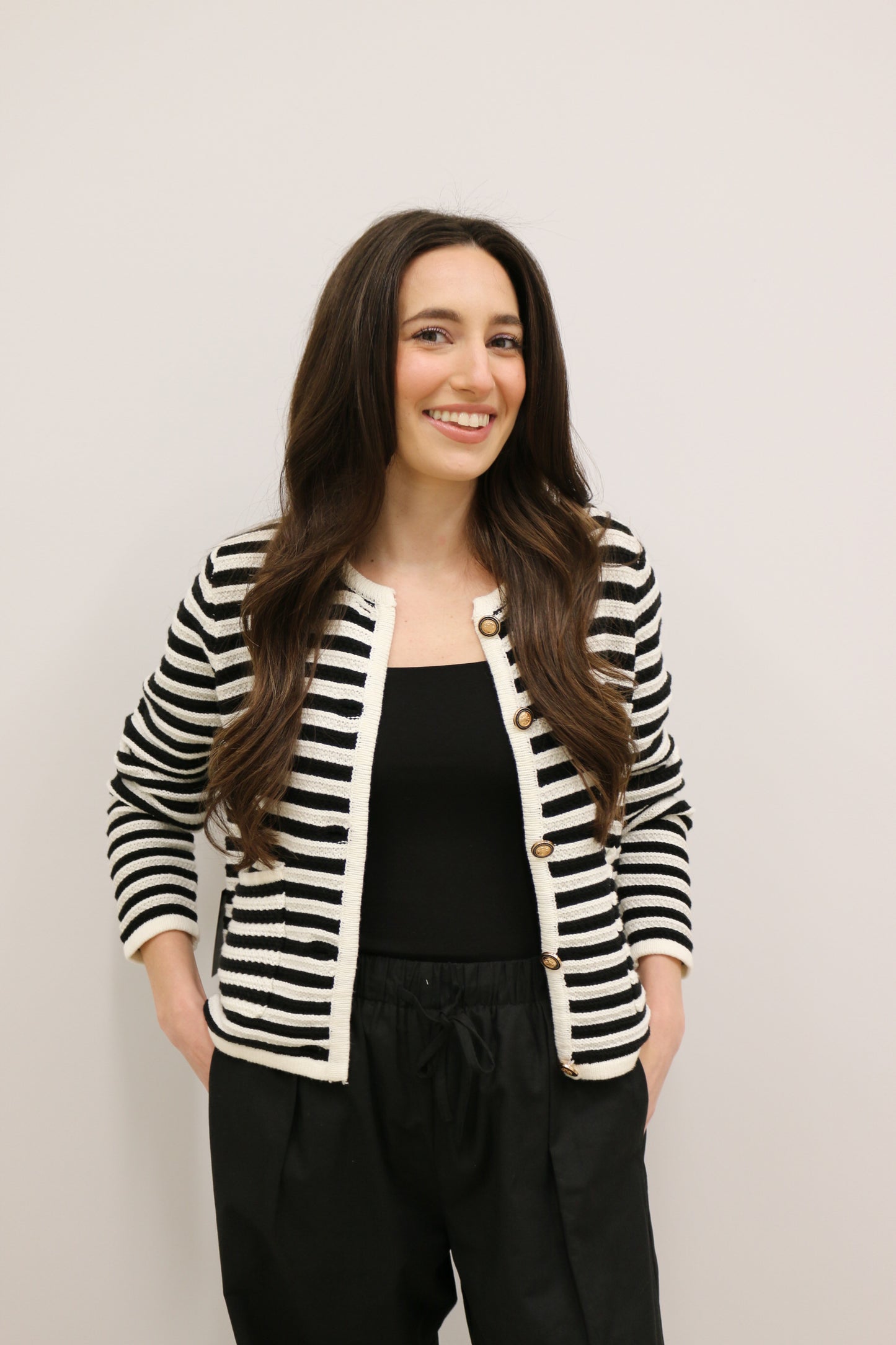 Classic Stripe Long Sleeve Button Front Cardigan - Black Multi