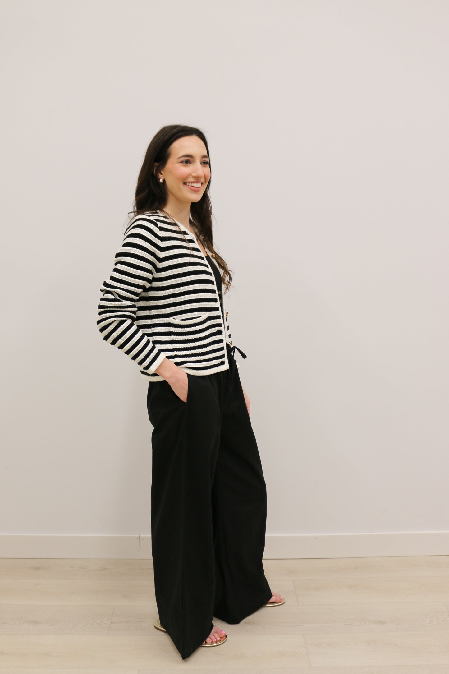 Classic Stripe Long Sleeve Button Front Cardigan - Black Multi