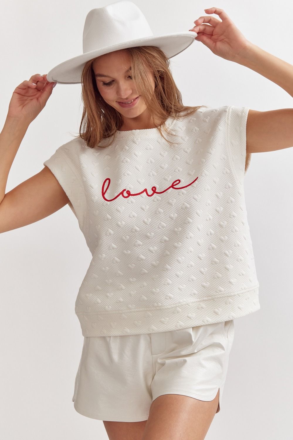 zSALE Love Letters Heart Embossed Sleeveless Top - White