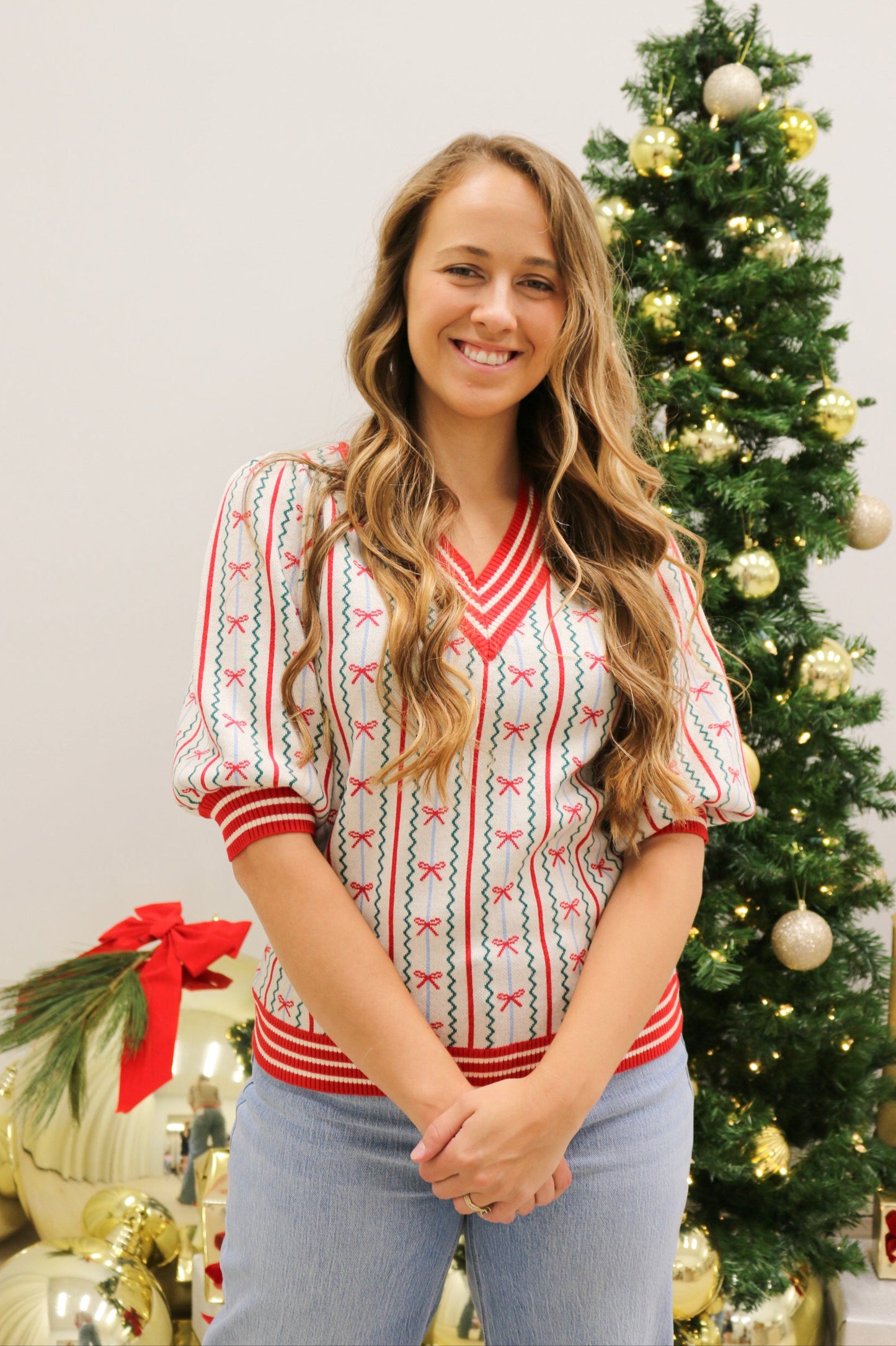 Faith in a Bow Holiday Sweater by Mary Square - Red Multi