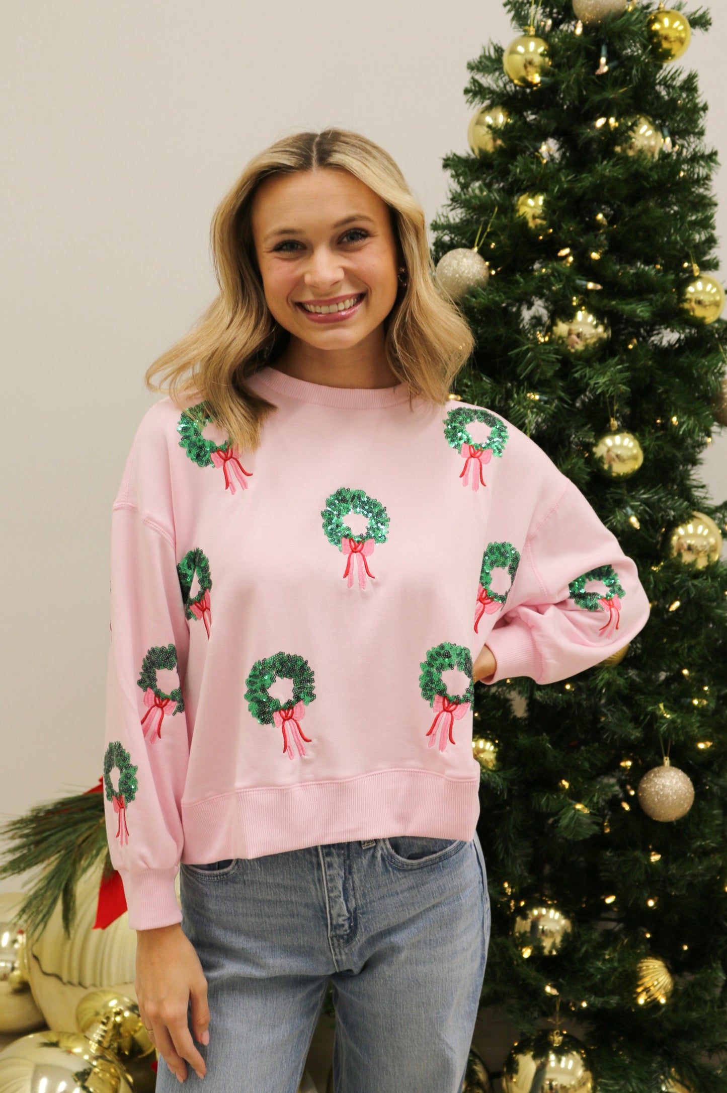 Millie Holiday Rosy Wreaths Embellished Sweatshirt by Mary Square - Pink Multi