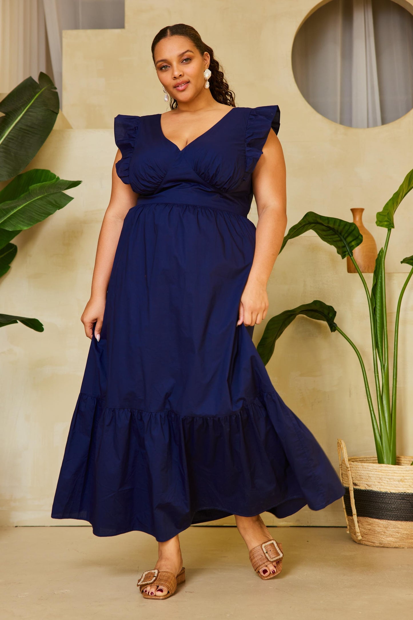 V-Neckline Curve Bow Tie Back Poplin Maxi Dress - Navy Blue