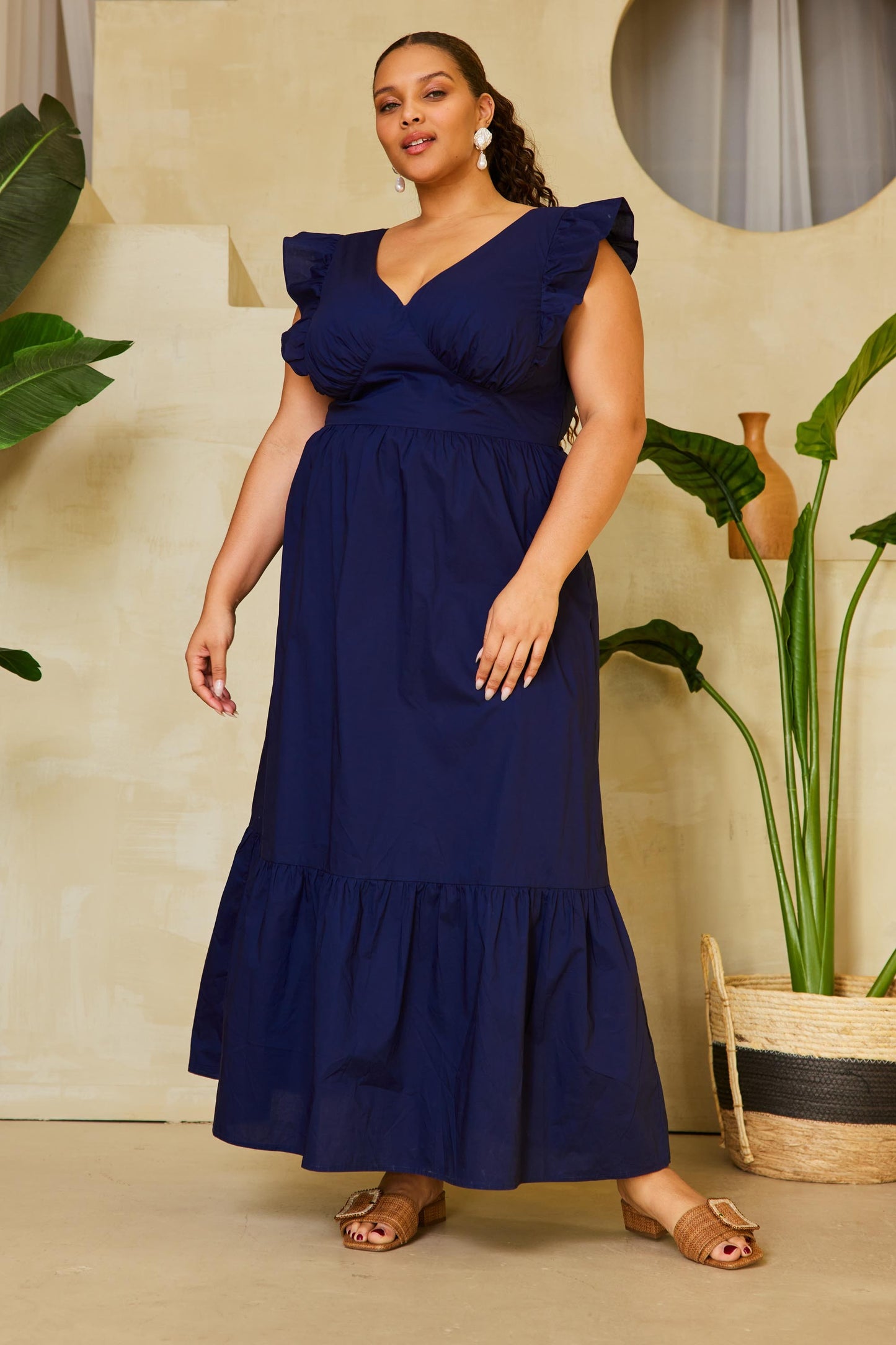 V-Neckline Curve Bow Tie Back Poplin Maxi Dress - Navy Blue