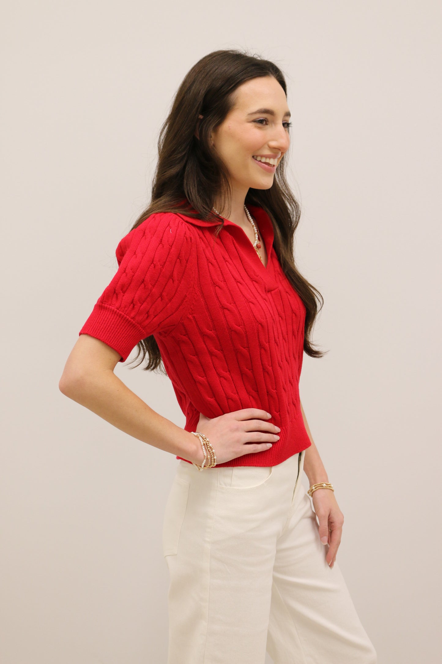 Newport Short Sleeve Collared Cable Knit Pullover - Red