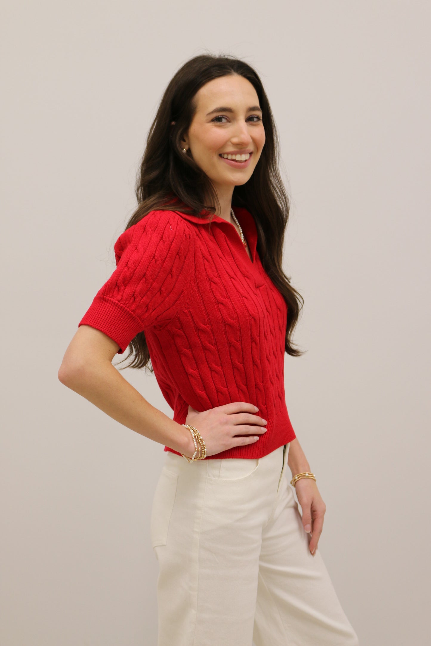 Newport Short Sleeve Collared Cable Knit Pullover - Red