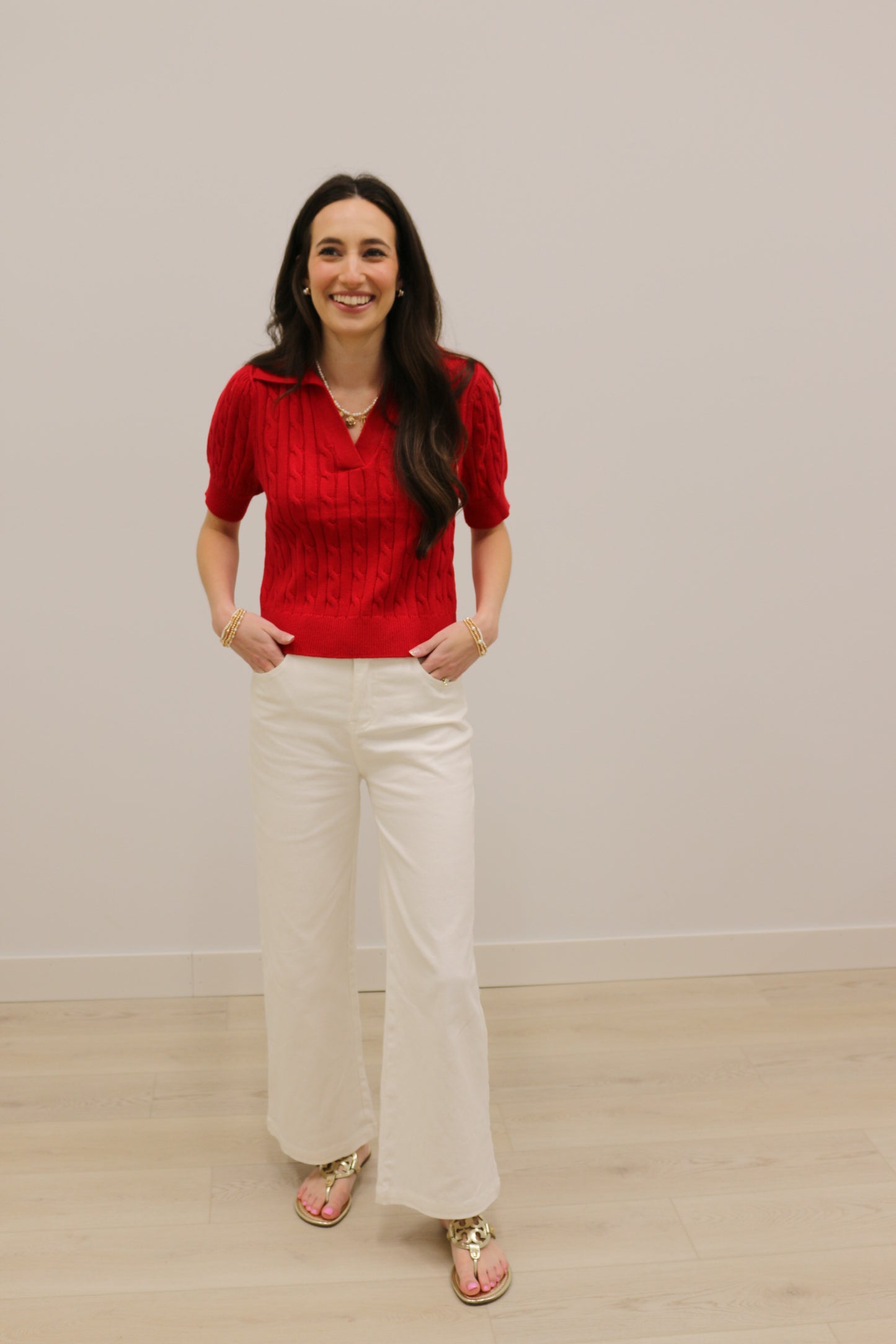Newport Short Sleeve Collared Cable Knit Pullover - Red