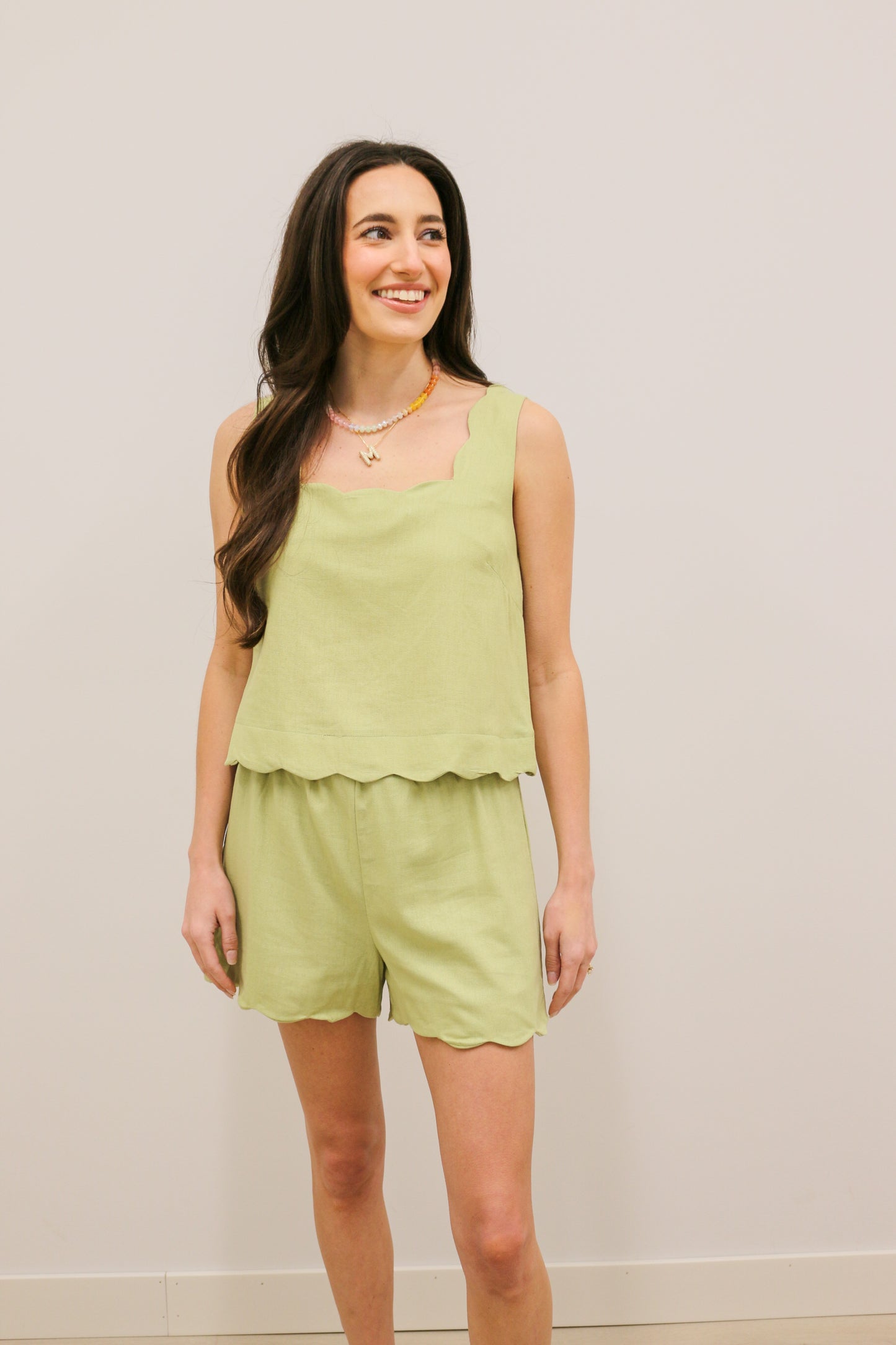 Stephanie Scallop Trim Woven Tank and High Waisted Short Set - Pistachio Green