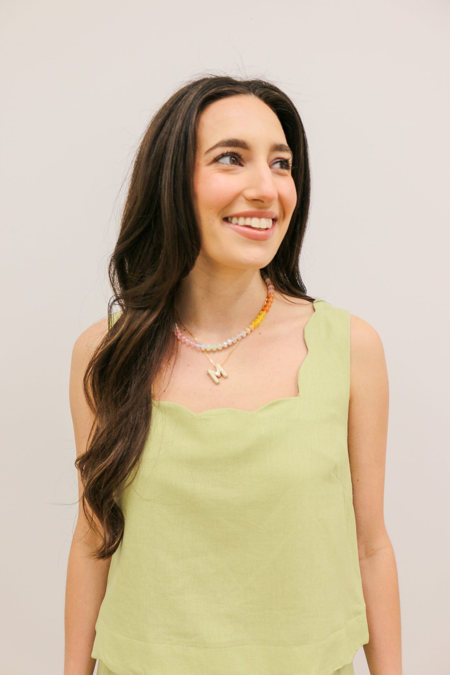 Stephanie Scallop Trim Woven Tank and High Waisted Short Set - Pistachio Green