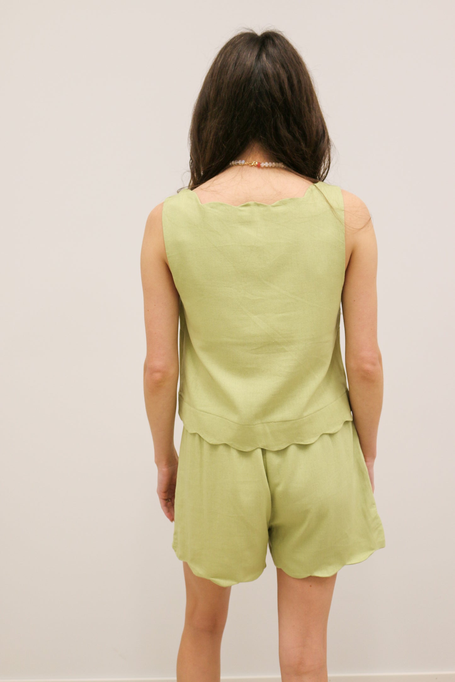 Stephanie Scallop Trim Woven Tank and High Waisted Short Set - Pistachio Green