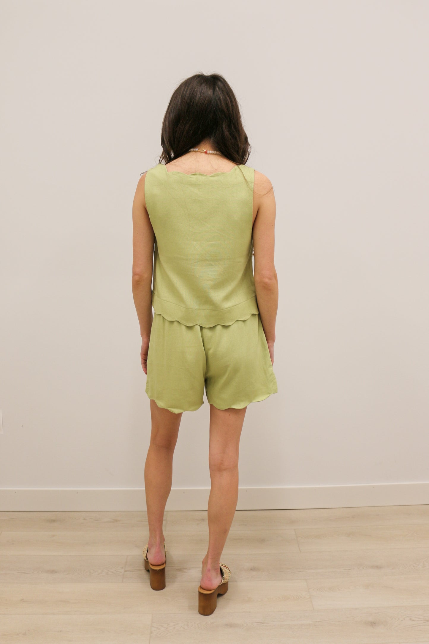 Stephanie Scallop Trim Woven Tank and High Waisted Short Set - Pistachio Green