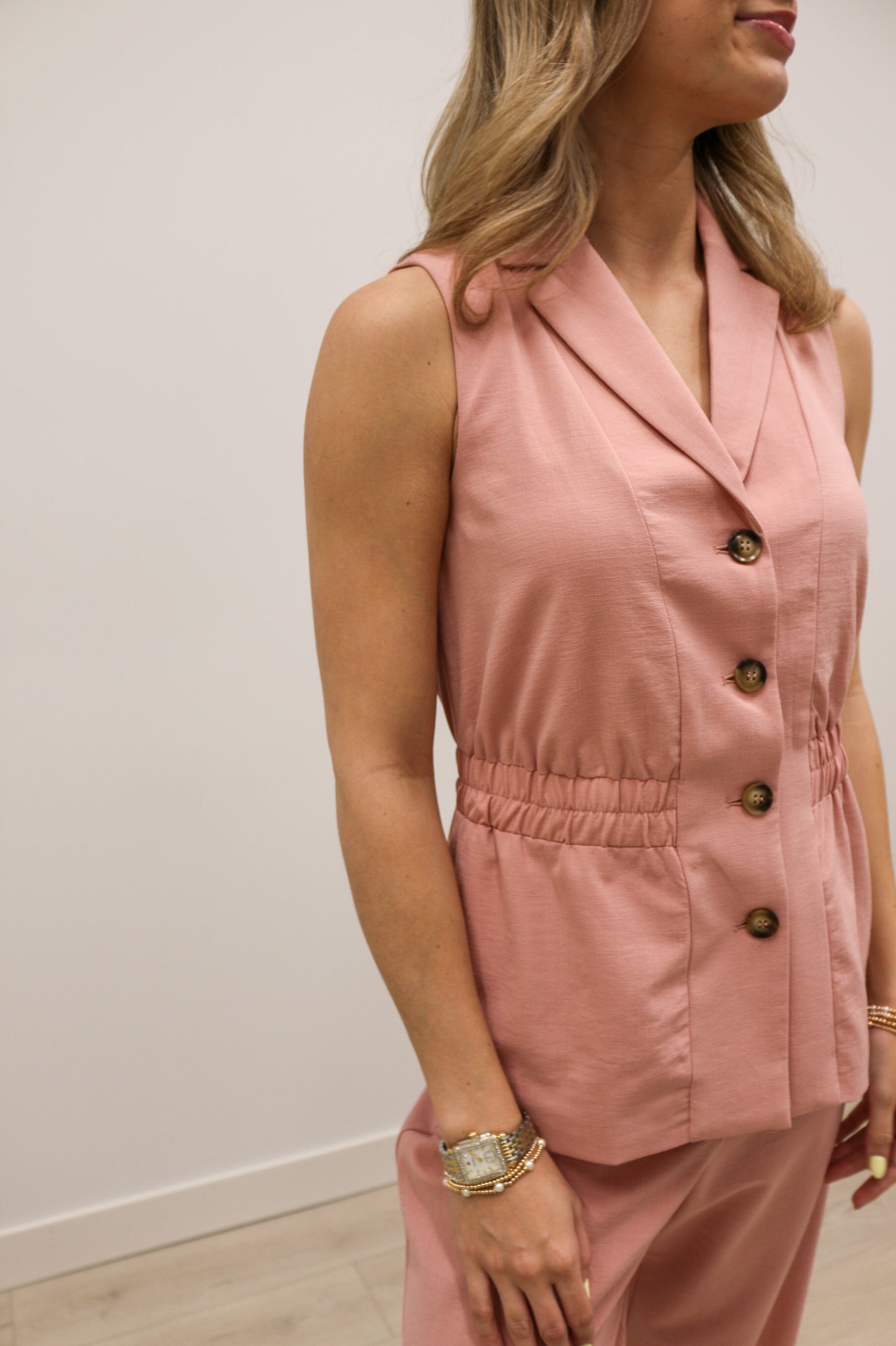 Rose Sleeveless Button Front Elastic Waist Vest - Rose Quartz