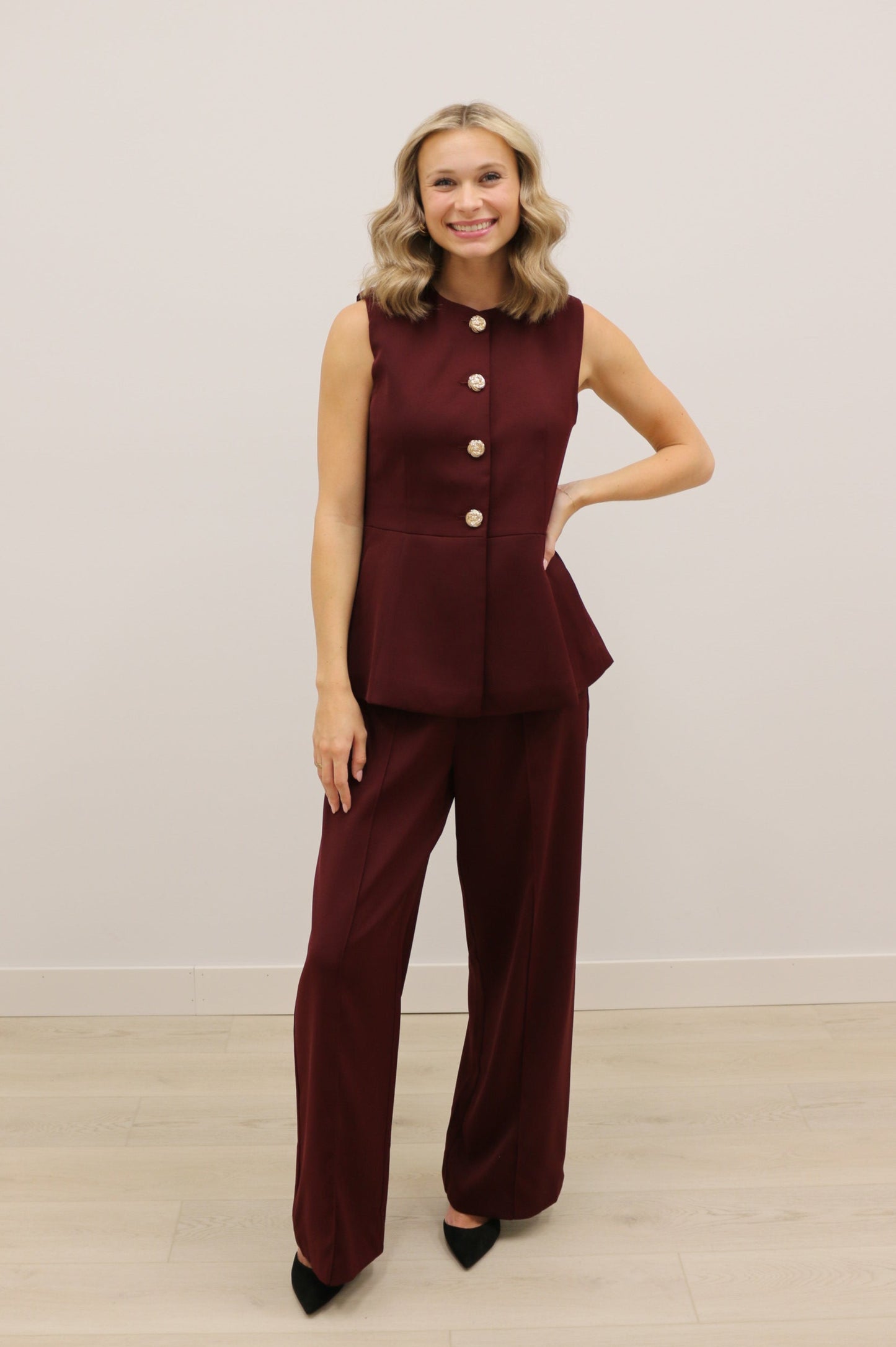 Aidette High Waisted Relaxed Fit Trouser Pant - Burgundy
