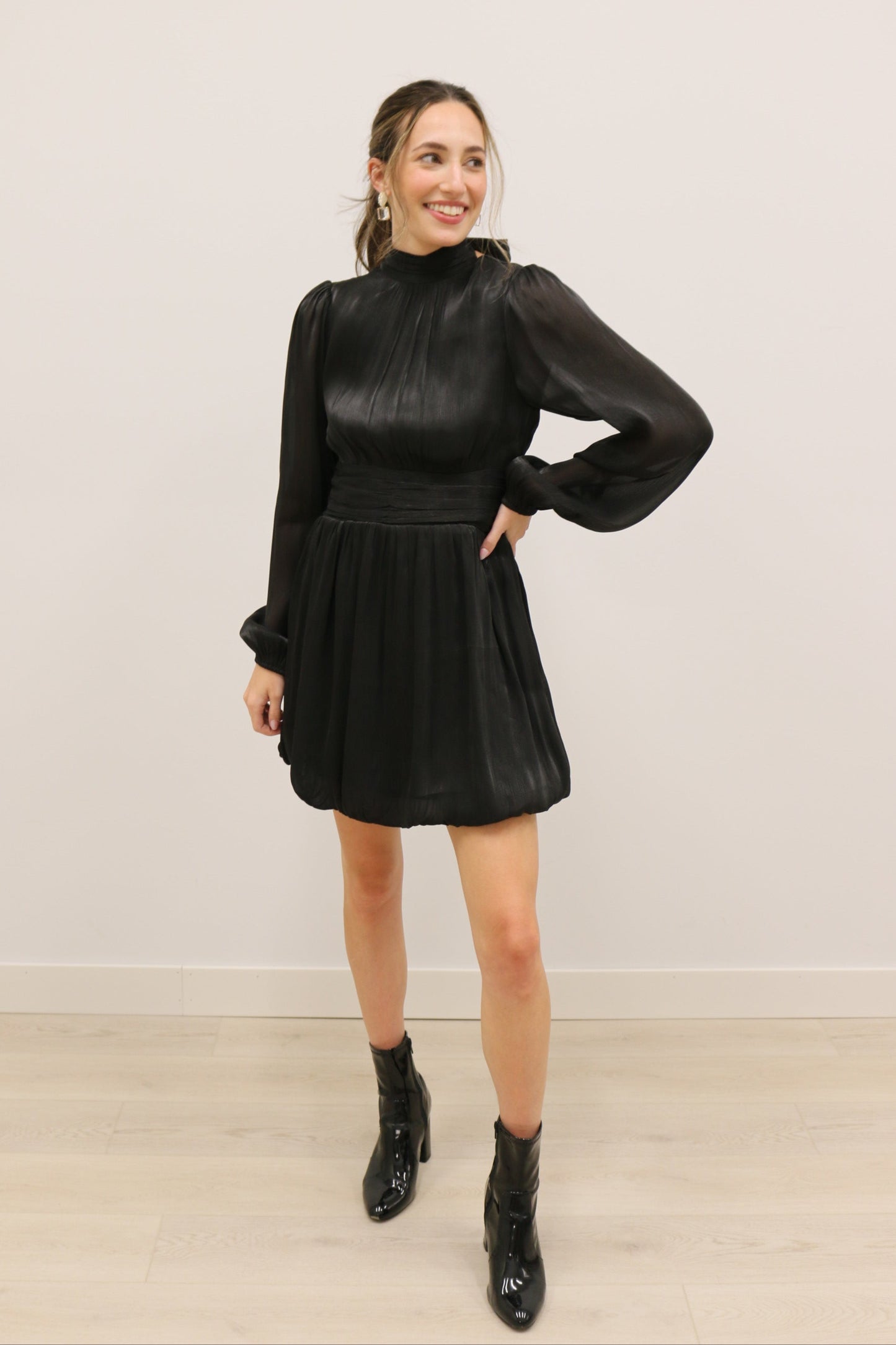 Astra Bow Neck Bubble Hem Long Sleeve Mini Dress - Black