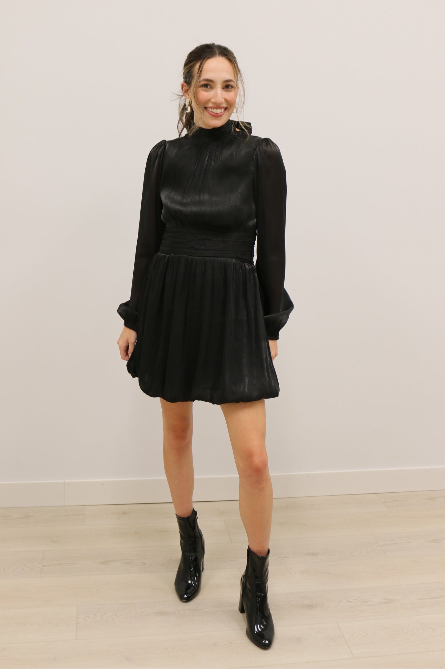 Astra Bow Neck Bubble Hem Long Sleeve Mini Dress - Black