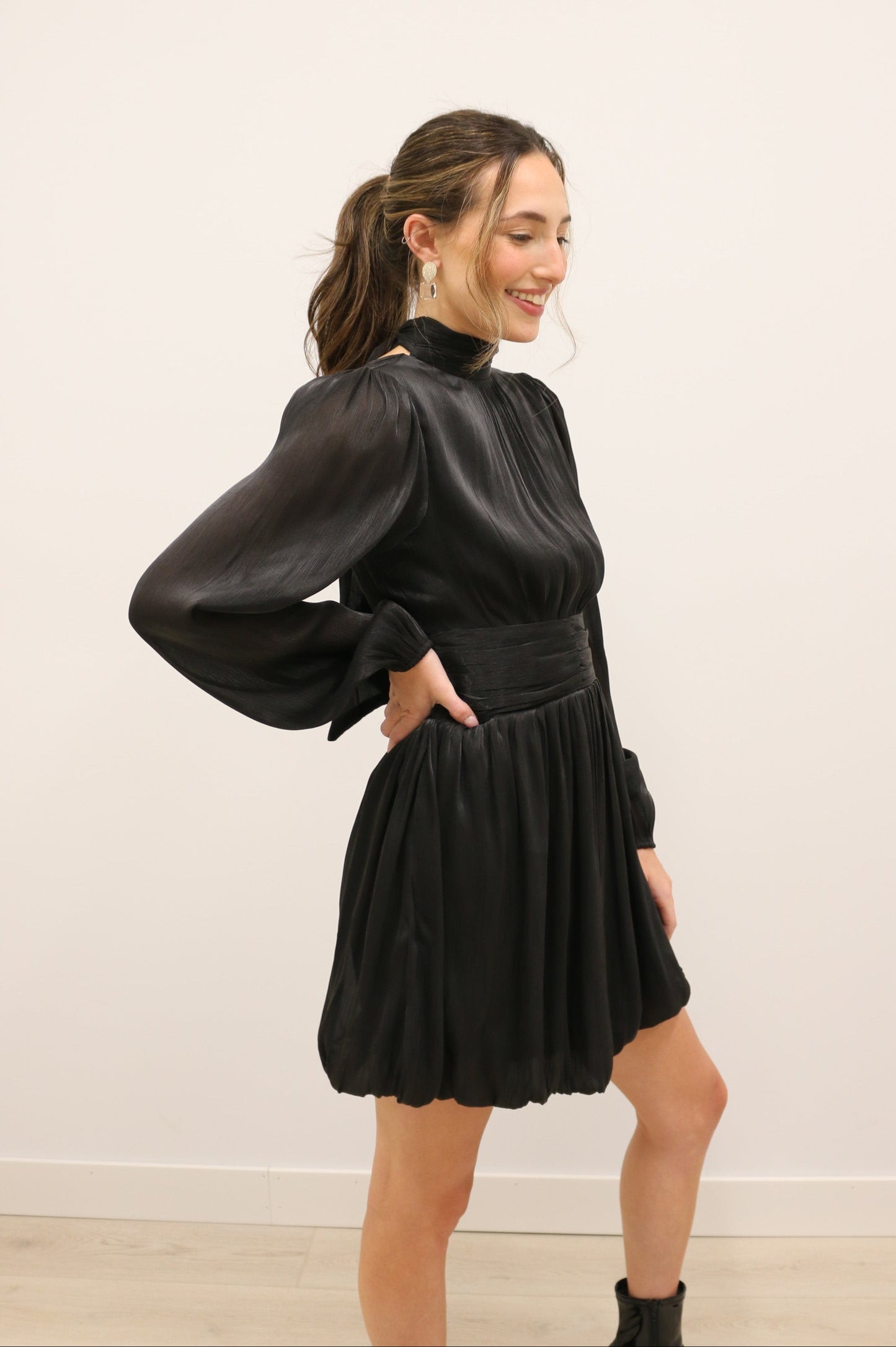 Astra Bow Neck Bubble Hem Long Sleeve Mini Dress - Black