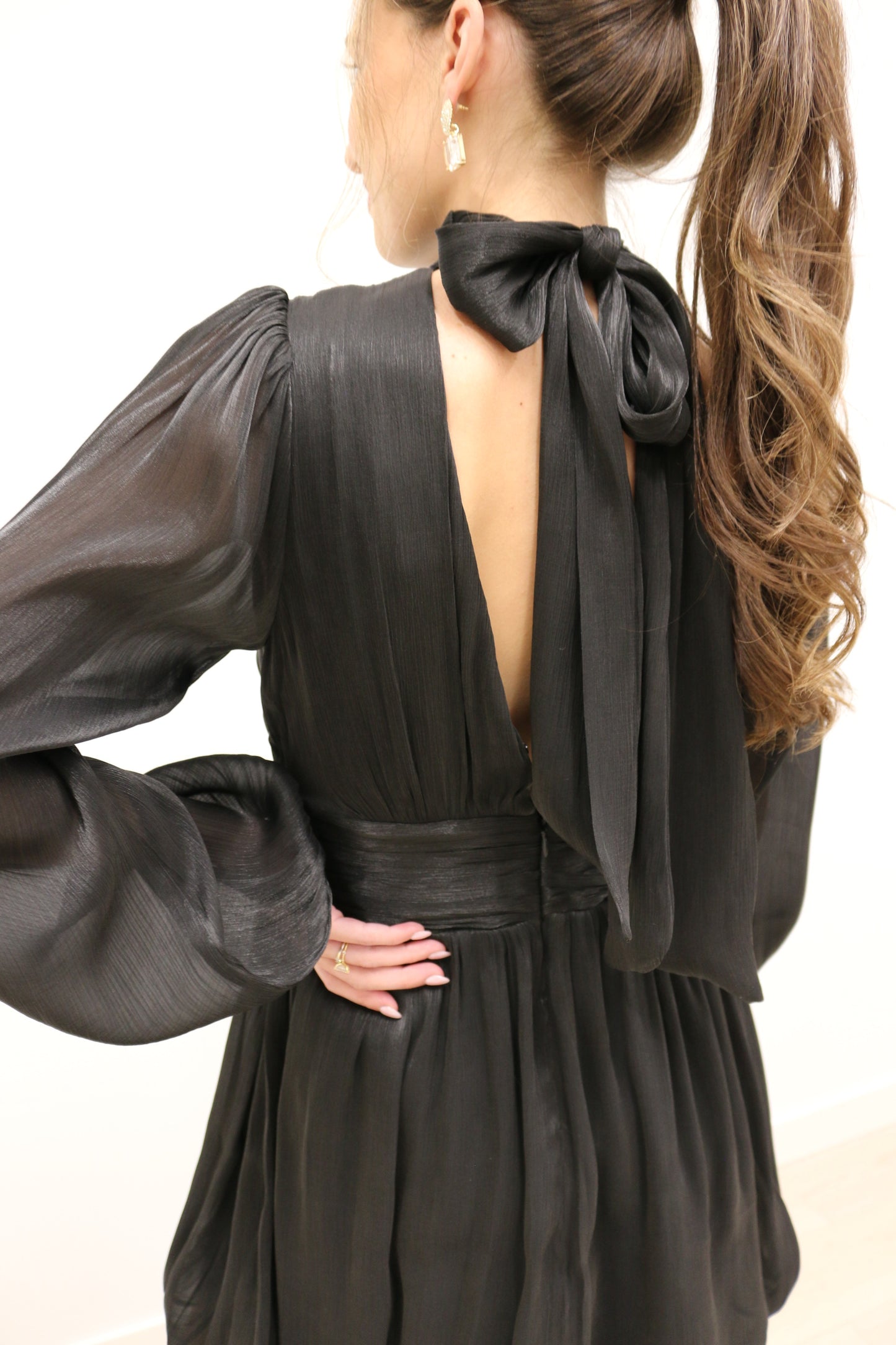 Astra Bow Neck Bubble Hem Long Sleeve Mini Dress - Black