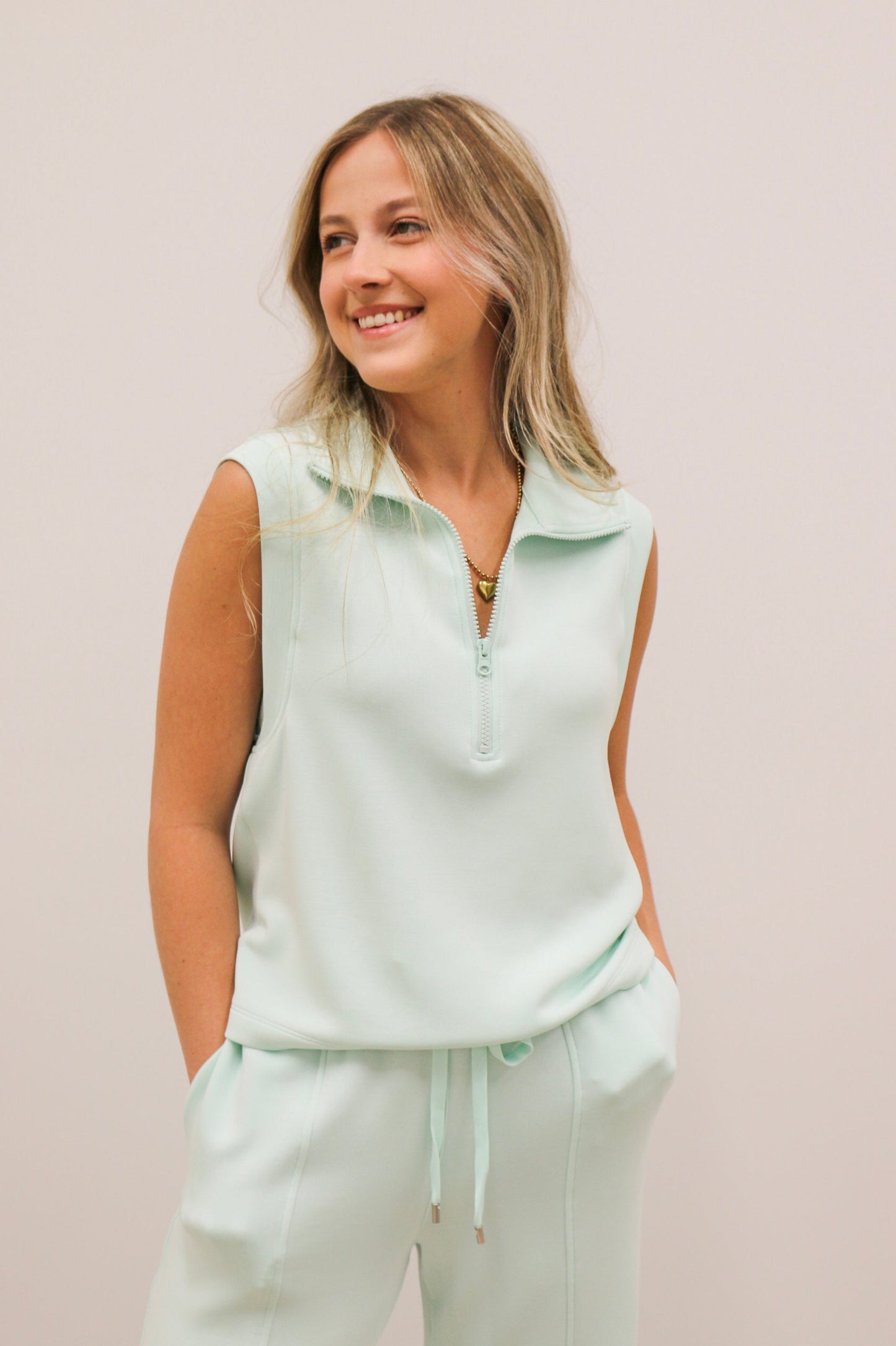 Soft Modal Athleisure Sleeveless Half Zip Top - Ice Mint