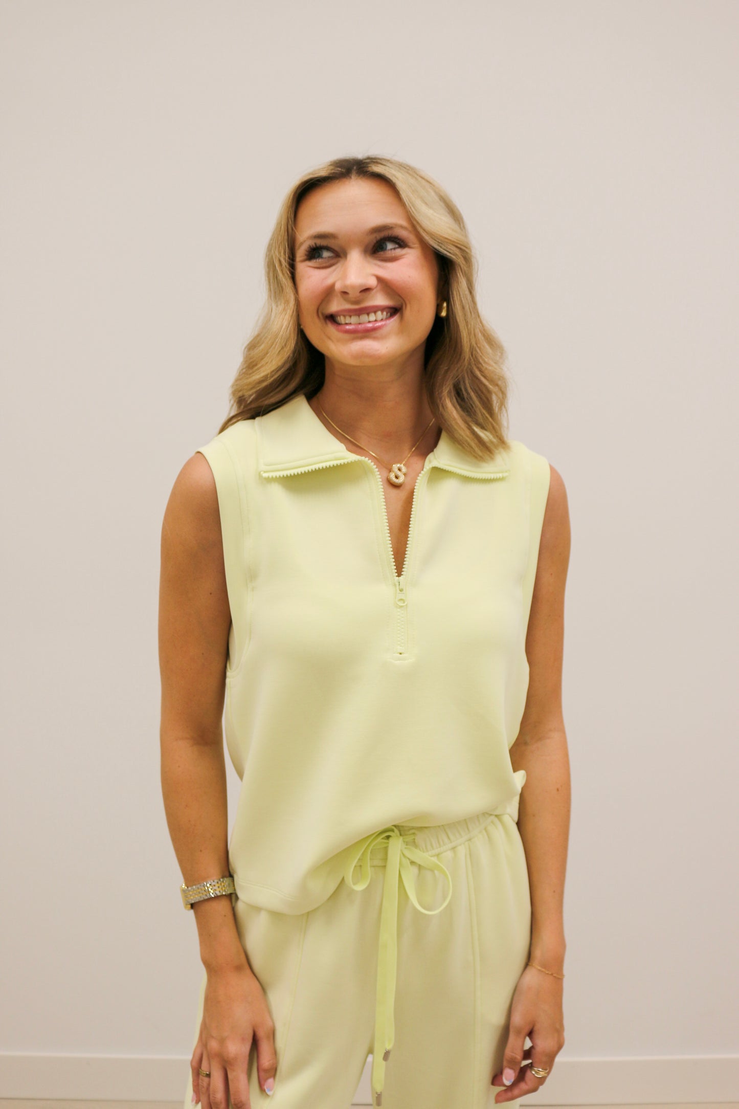 Soft Modal Athleisure Sleeveless Half Zip Top - Lemon Yellow
