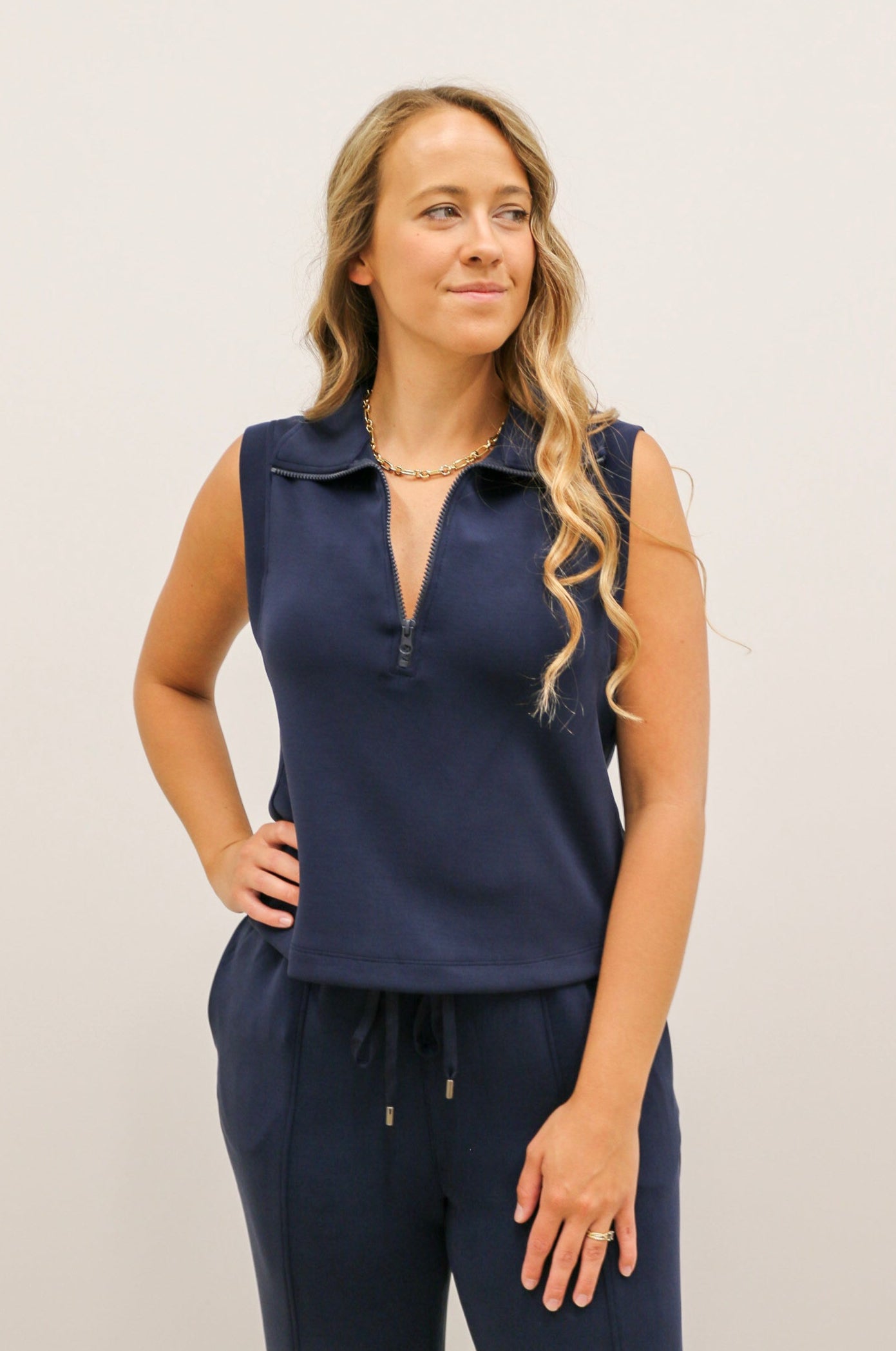 Soft Modal Athleisure Sleeveless Half Zip Top - True Navy