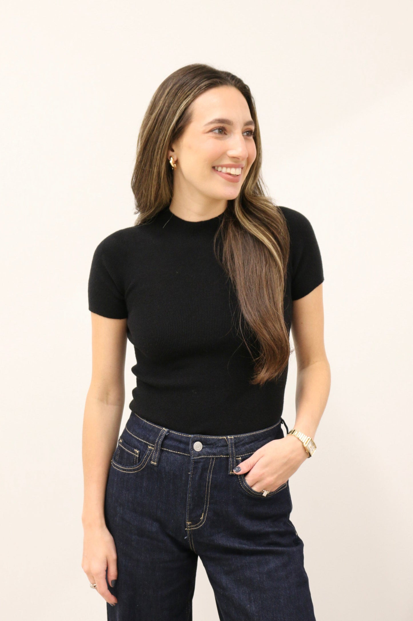 Aura Short Sleeve Soft Knit Sweater Top - Black