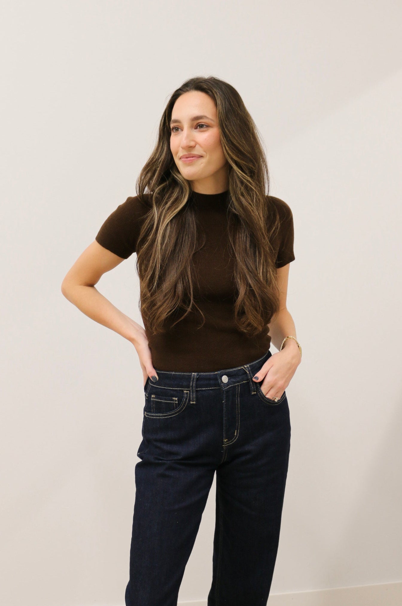 Aura Short Sleeve Soft Knit Sweater Top - Chocolate Brown