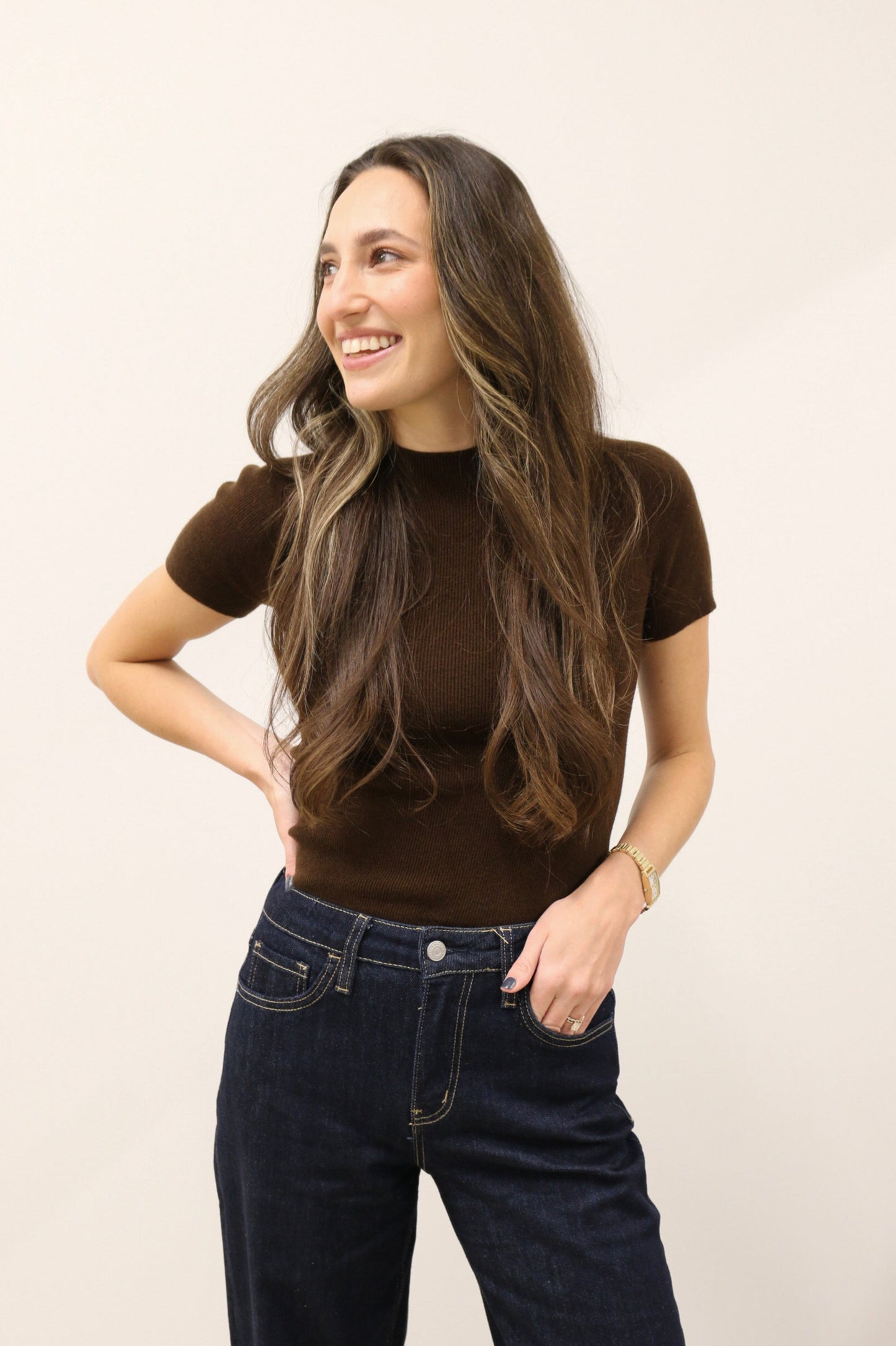 Aura Short Sleeve Soft Knit Sweater Top - Chocolate Brown