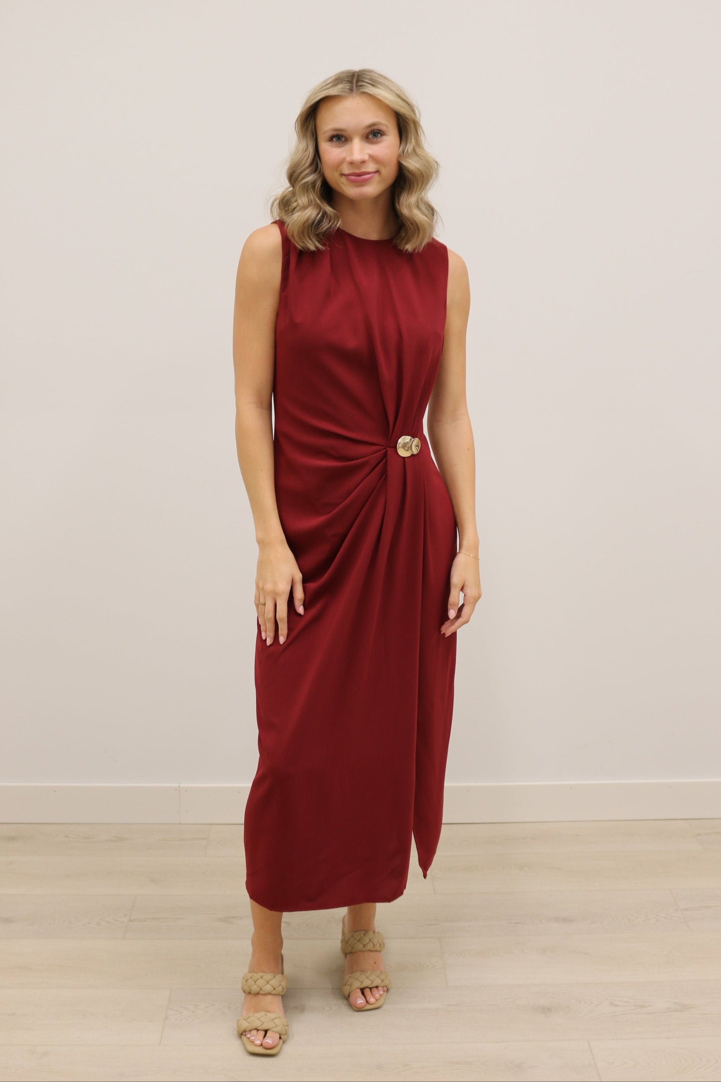 Balina Gold Hardware Draped Sleeveless Solid Midi Dress - Burgundy