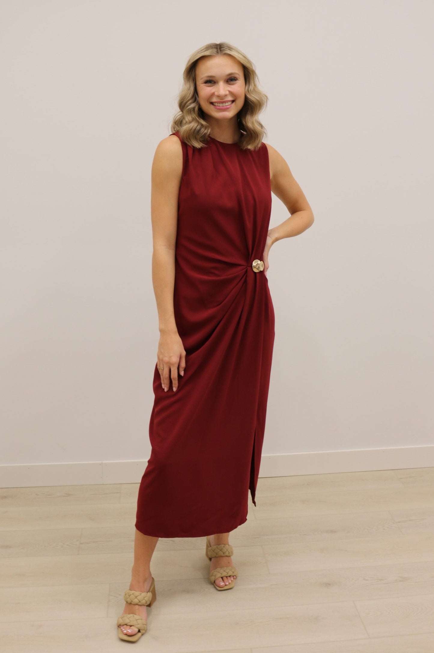Balina Gold Hardware Draped Sleeveless Solid Midi Dress - Burgundy