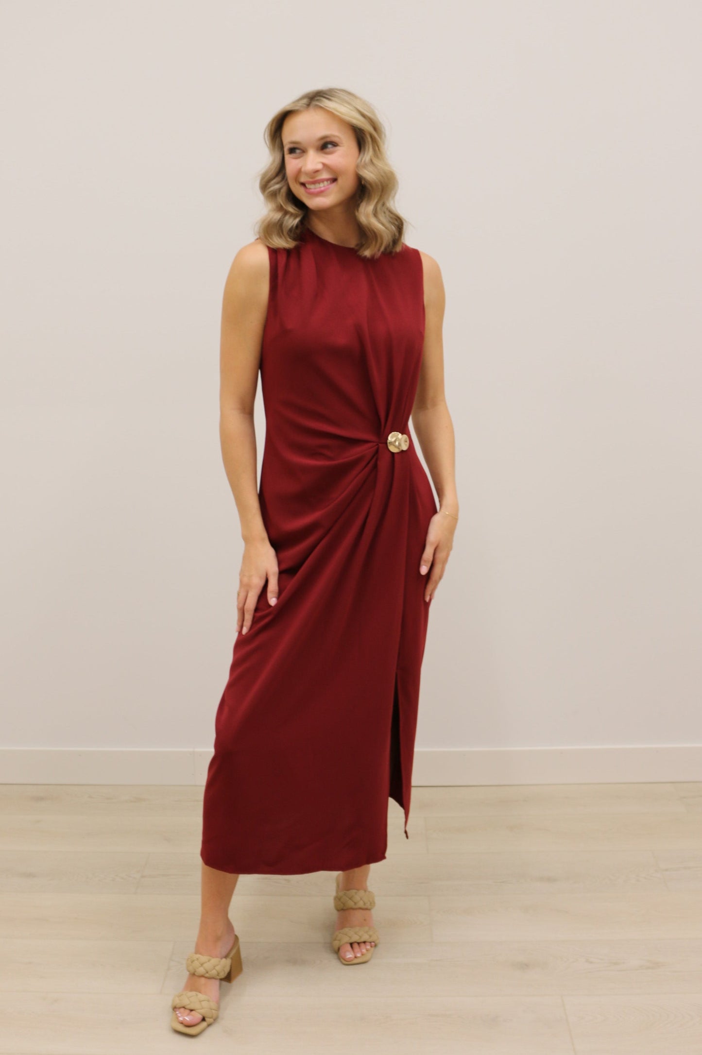 Balina Gold Hardware Draped Sleeveless Solid Midi Dress - Burgundy