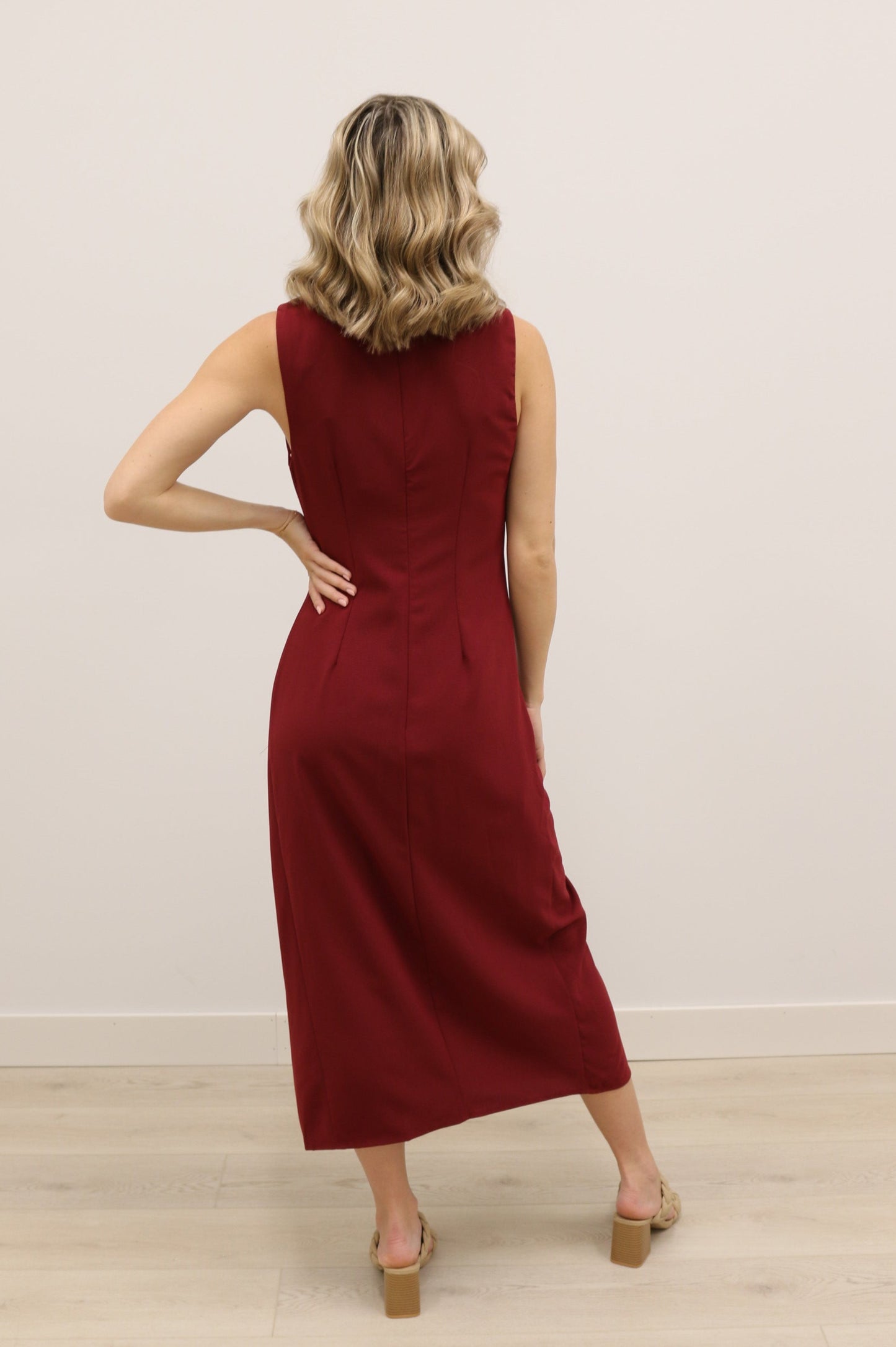 Balina Gold Hardware Draped Sleeveless Solid Midi Dress - Burgundy