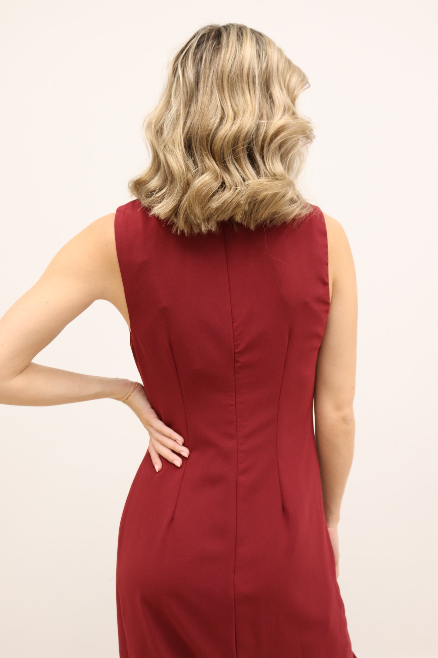 Balina Gold Hardware Draped Sleeveless Solid Midi Dress - Burgundy
