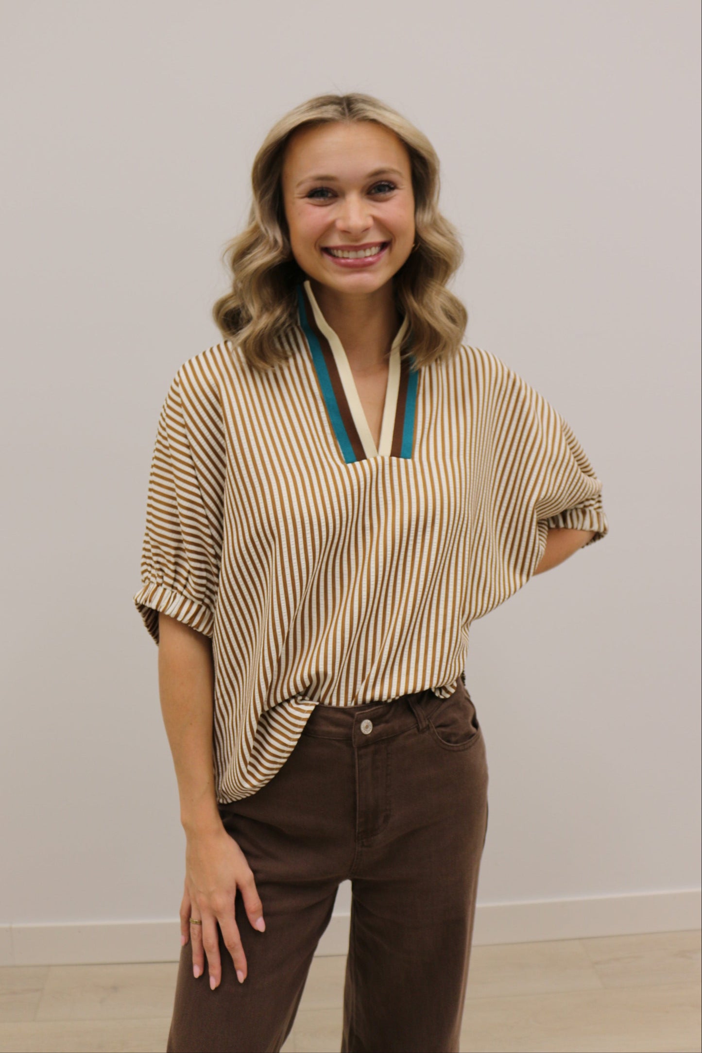 Colorplay Stripe Banded Split Neck Short Sleeve Top - Brown Multi