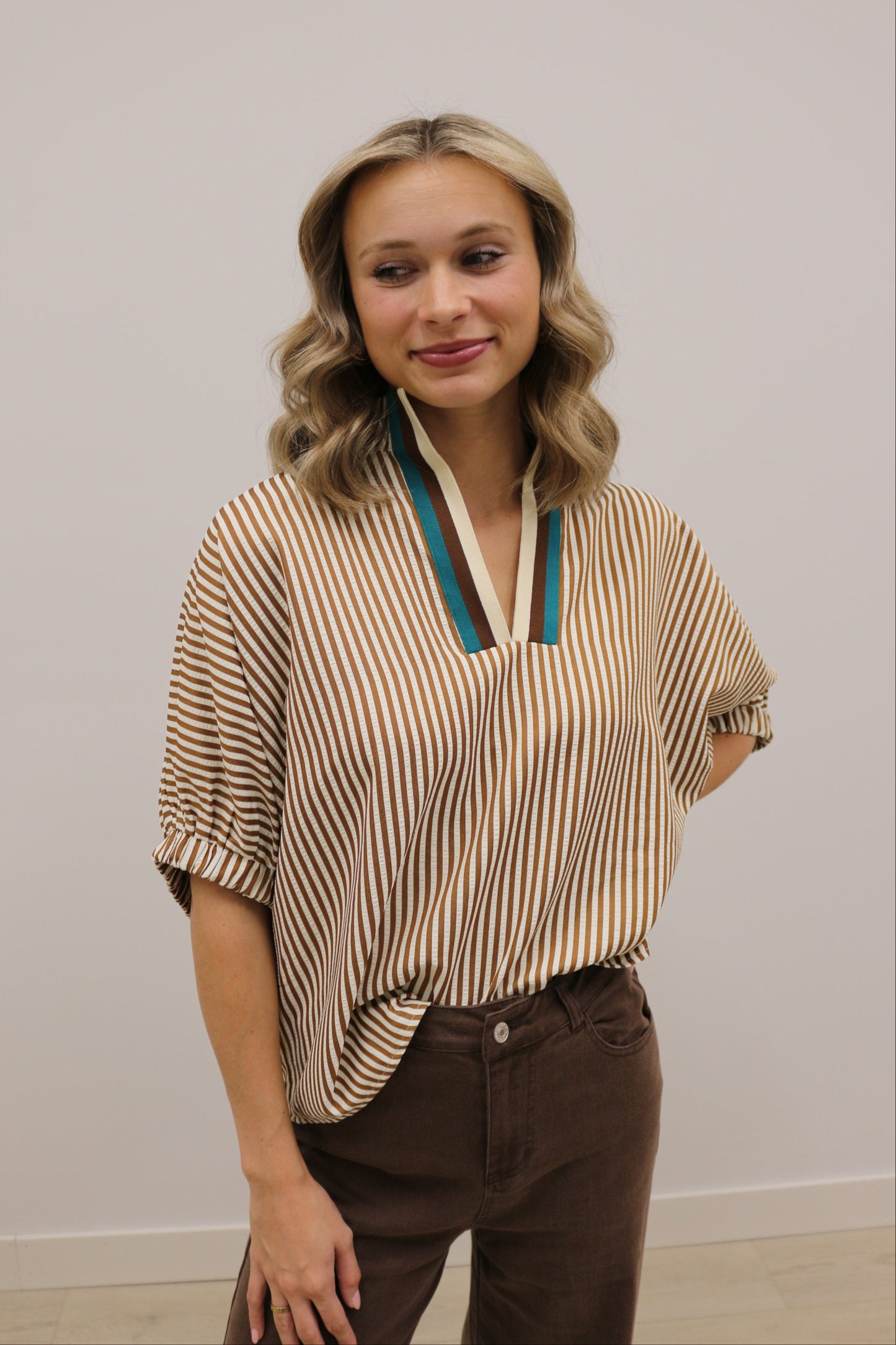 Colorplay Stripe Banded Split Neck Short Sleeve Top - Brown Multi