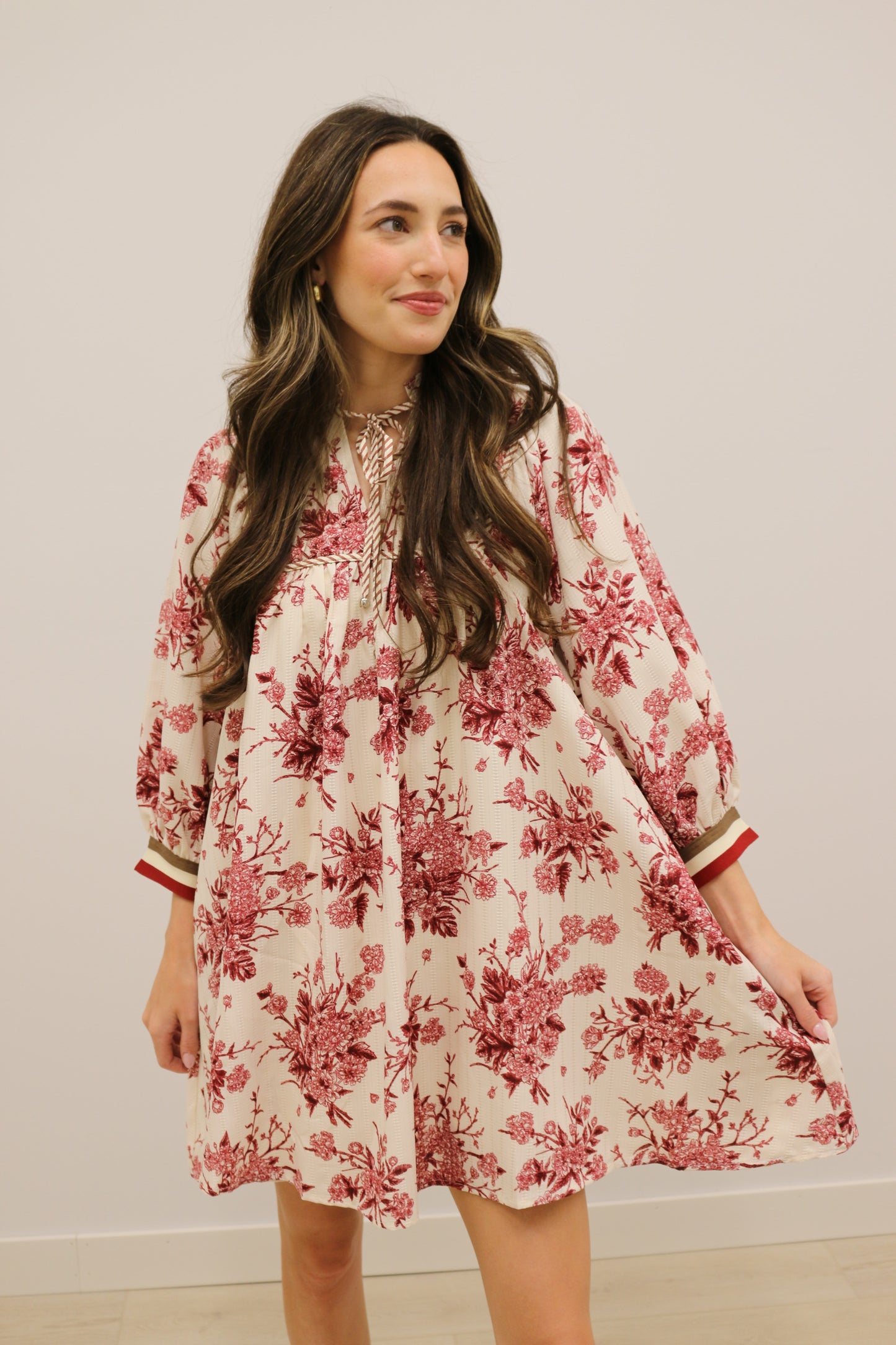 Benson Floral Print Banded Stripe Long Sleeve Mini Dress - Cream Burgundy