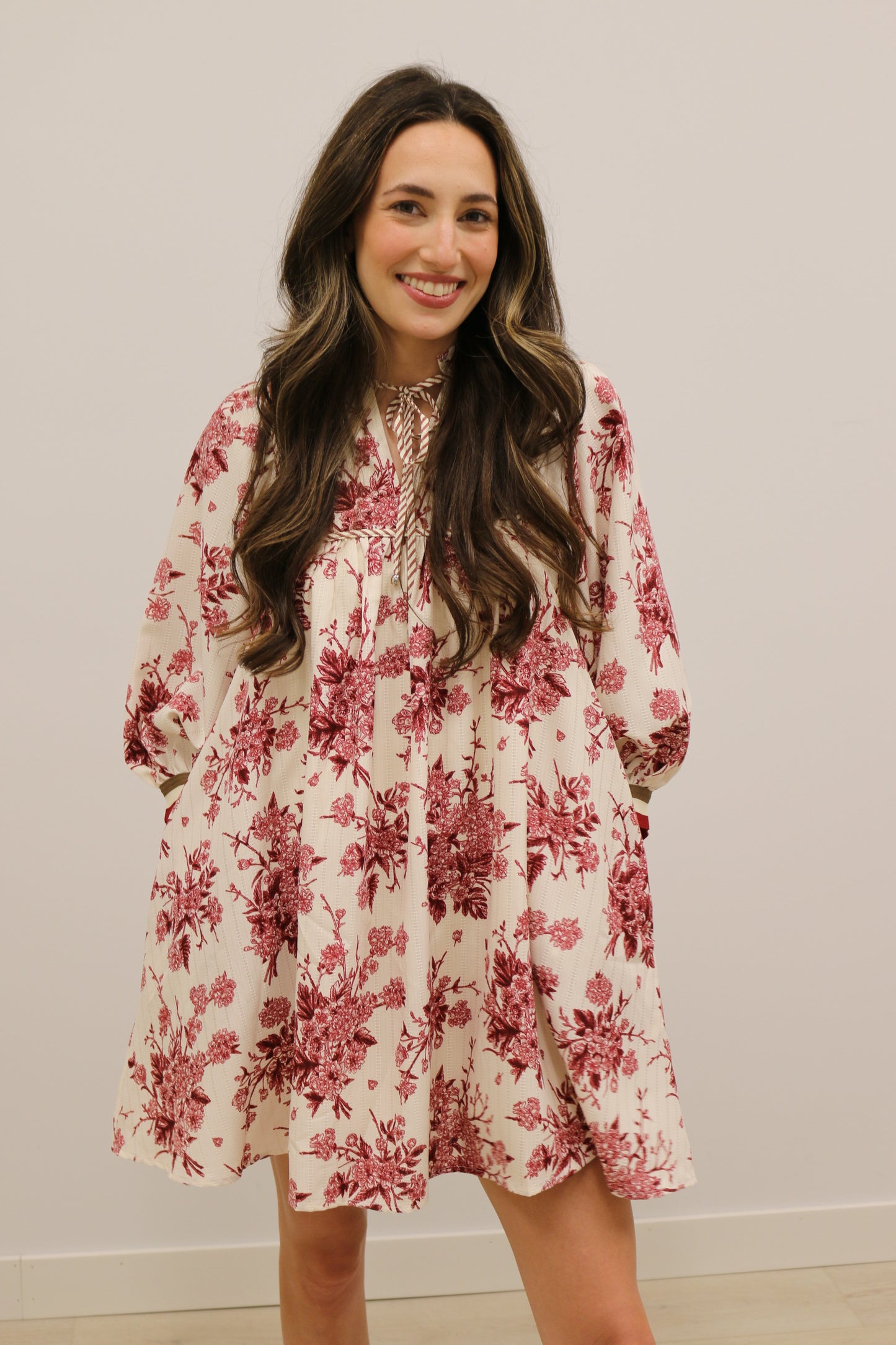 Benson Floral Print Banded Stripe Long Sleeve Mini Dress - Cream Burgundy