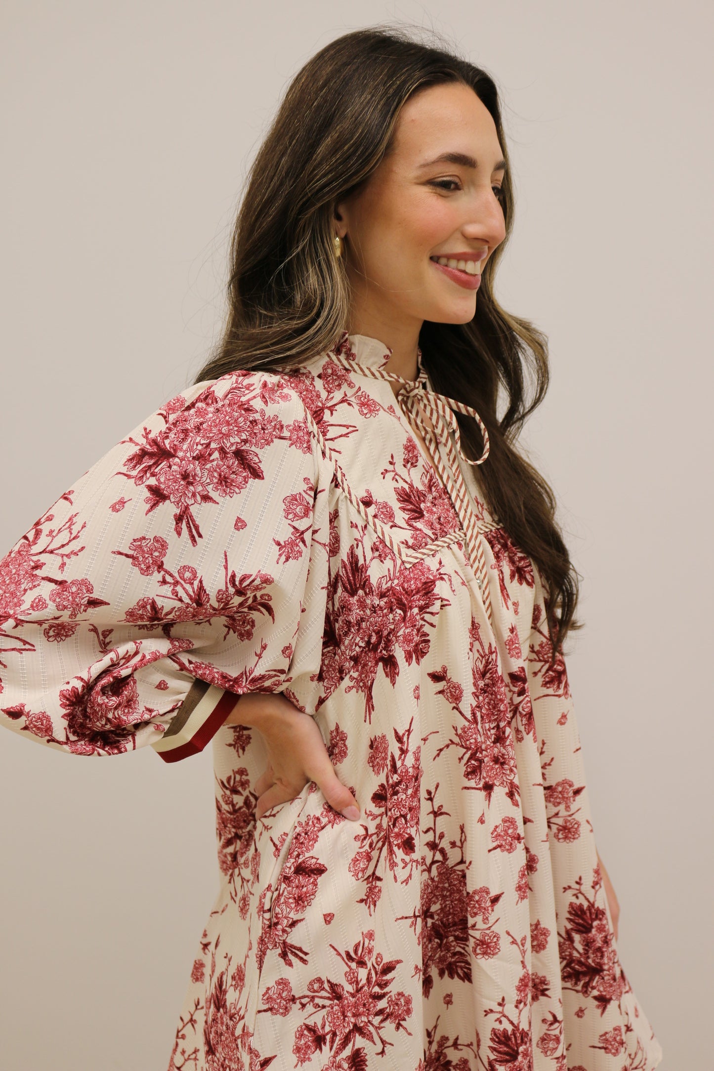 Benson Floral Print Banded Stripe Long Sleeve Mini Dress - Cream Burgundy
