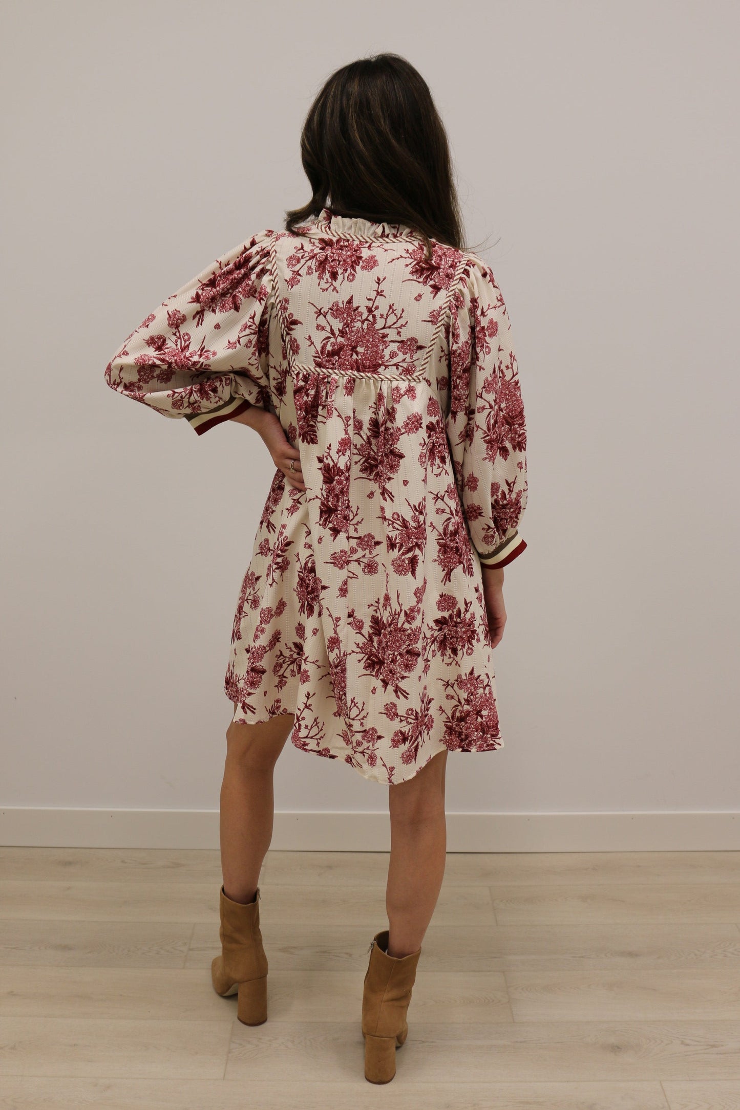 Benson Floral Print Banded Stripe Long Sleeve Mini Dress - Cream Burgundy