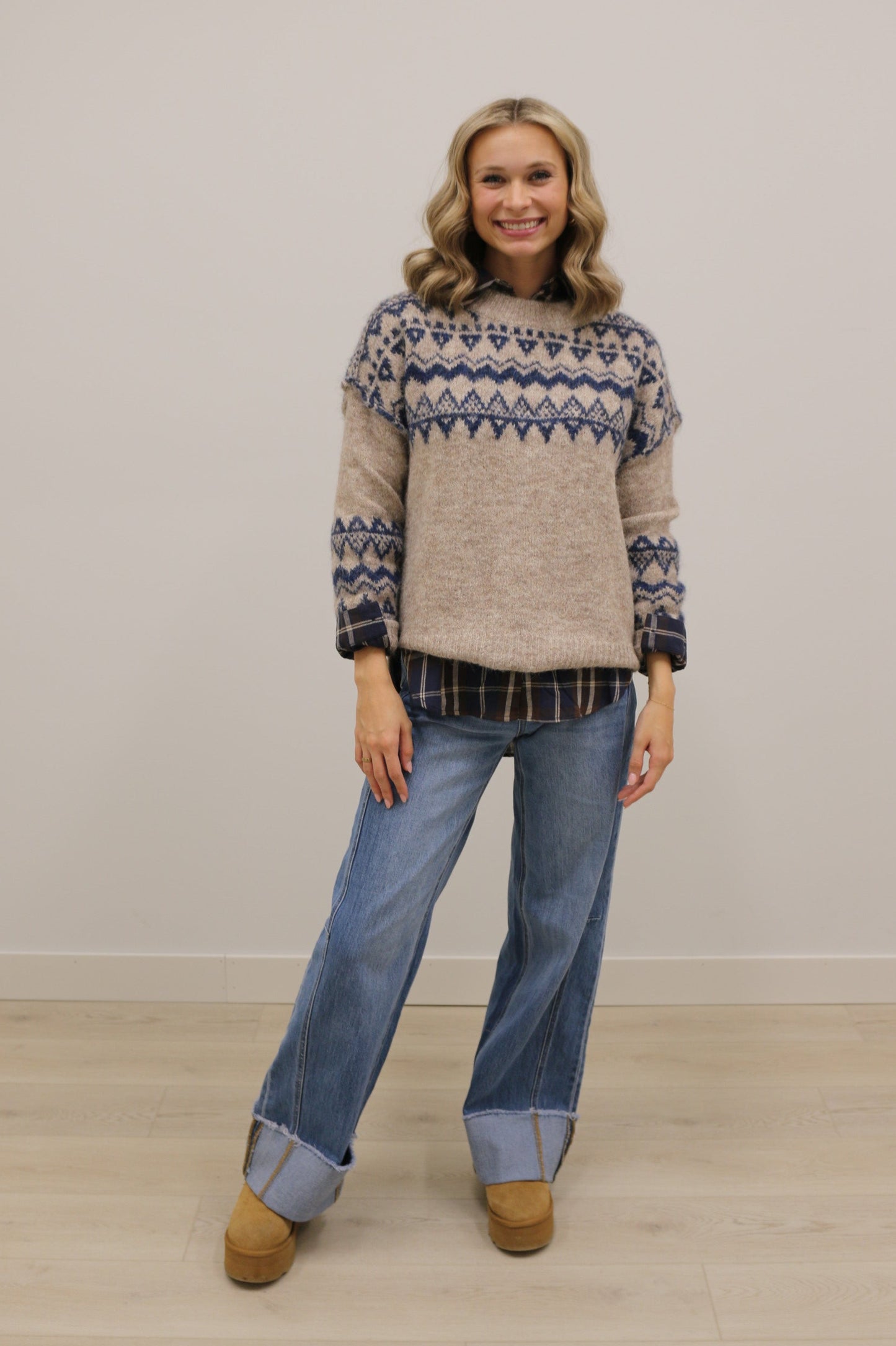 Cabin Fever Oversized Long Sleeve Printed Sweater - Tan Navy
